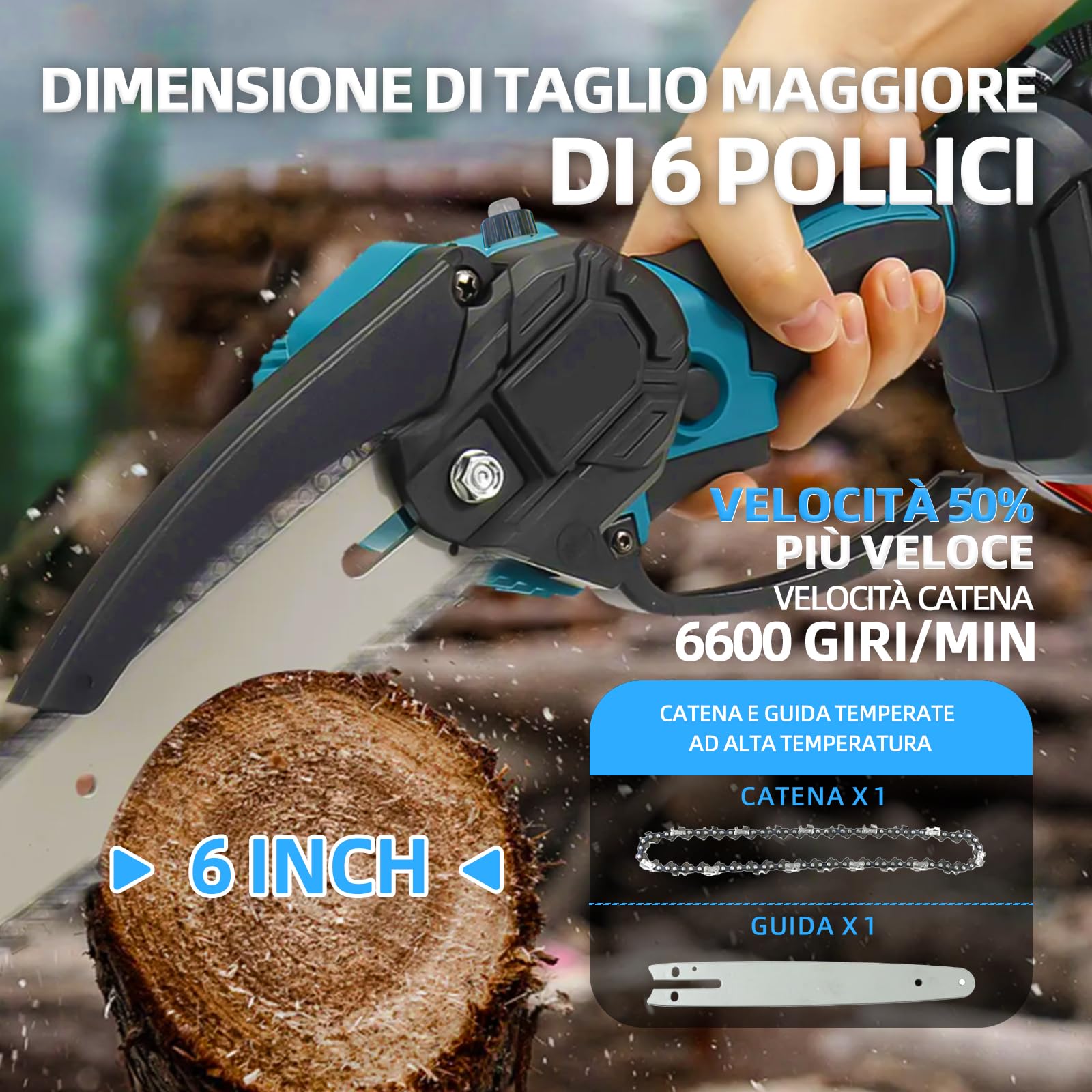 Mini Motosega a Batteria 6", Compatibile con Batteria Makita 18V | Motore brushless, lubrificazione auto, blocco di sicurezza, per legno e rami