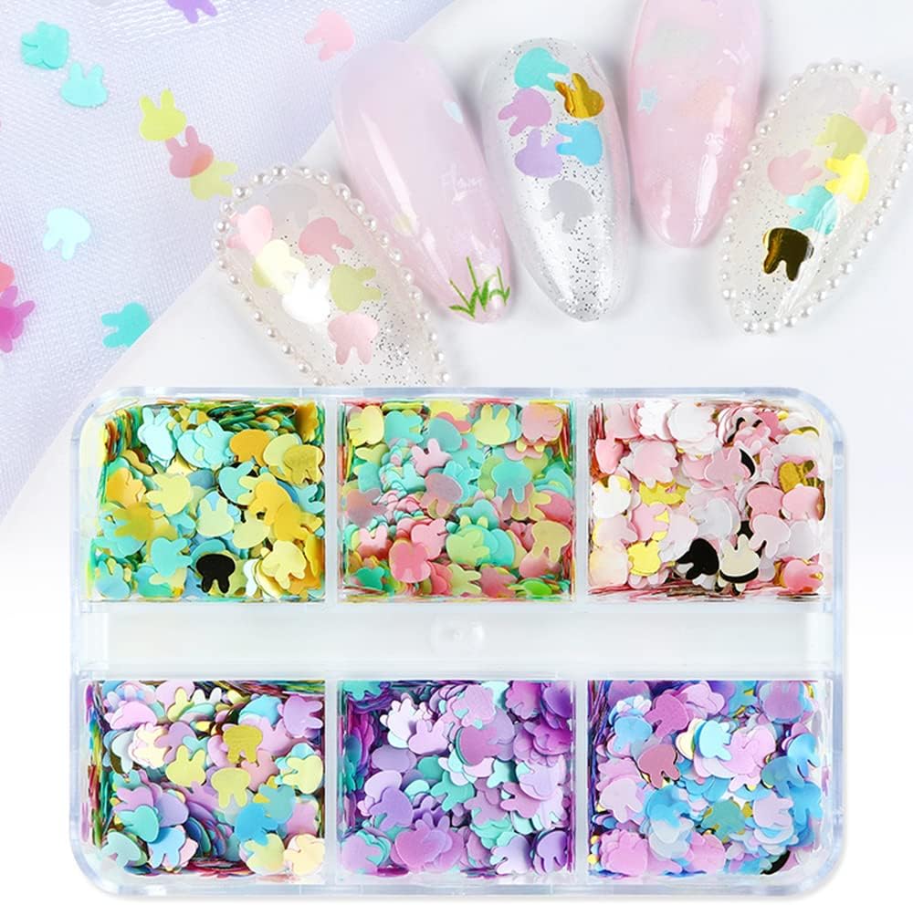 Easter Nail Art Glitters Sequins Cute Bunny Nail Art Supplies 3D Holographic Easter Nail Flakes Glitters Colorful Rabbit Acrylic Nail Confetti for Manicure DIY Easter Nail Art Decoration 6 Grids