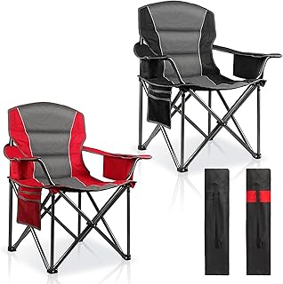 LANMOUNTAIN 2 Pack Padded Oversized Camping Chairs for Adults,Heavy Duty Support 400 Lbs,Folding Portable Lawn Chair w/Cup Holder,Cooler Bag,Side Pocket,Perfect for Outdoor Picnic,Hiking(Red&Black)