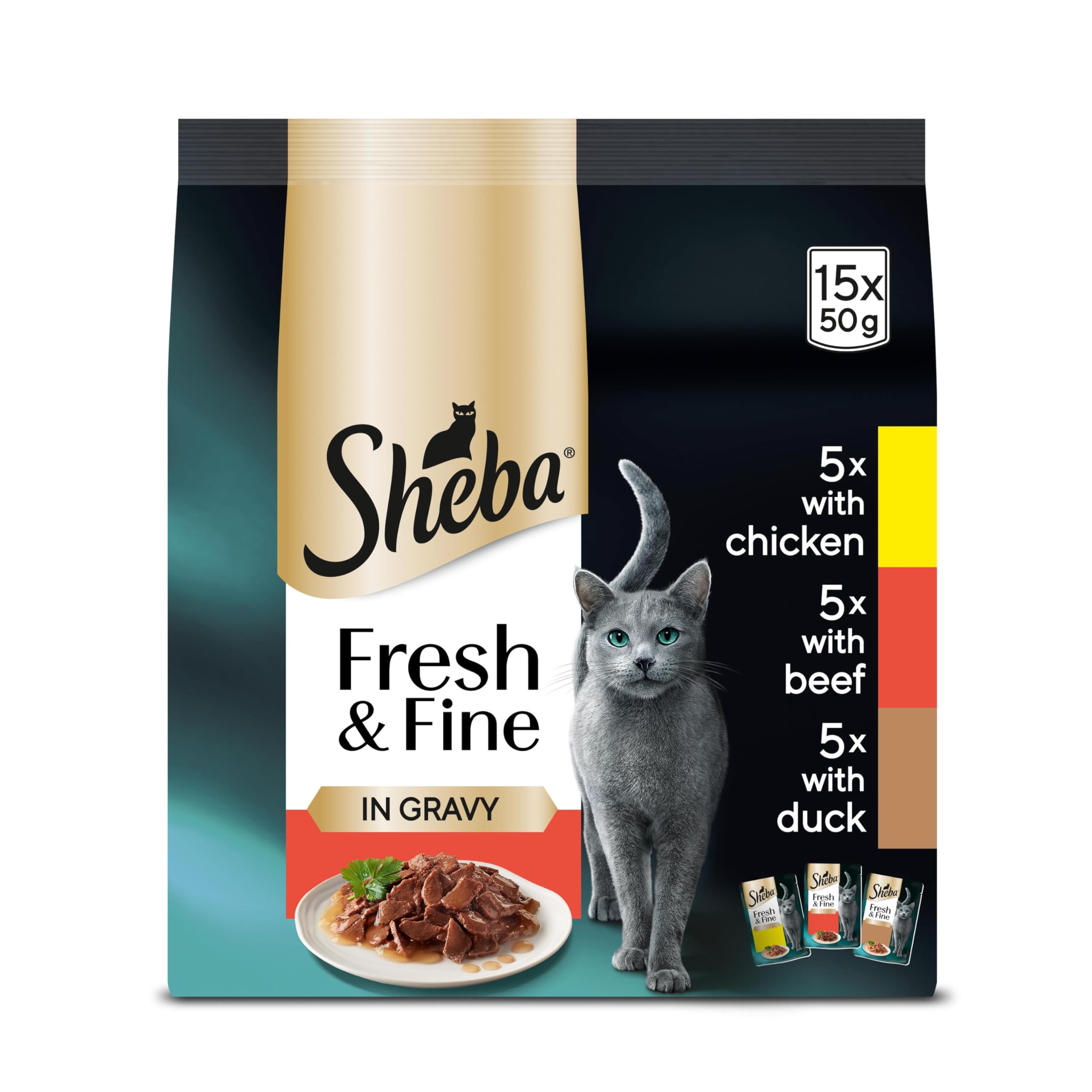 Sheba Cat Wet Food - Fresh and Fine - Cat Pouches Meaty Pieces in Gravy - 15 x 50 g (Pack OF 3)