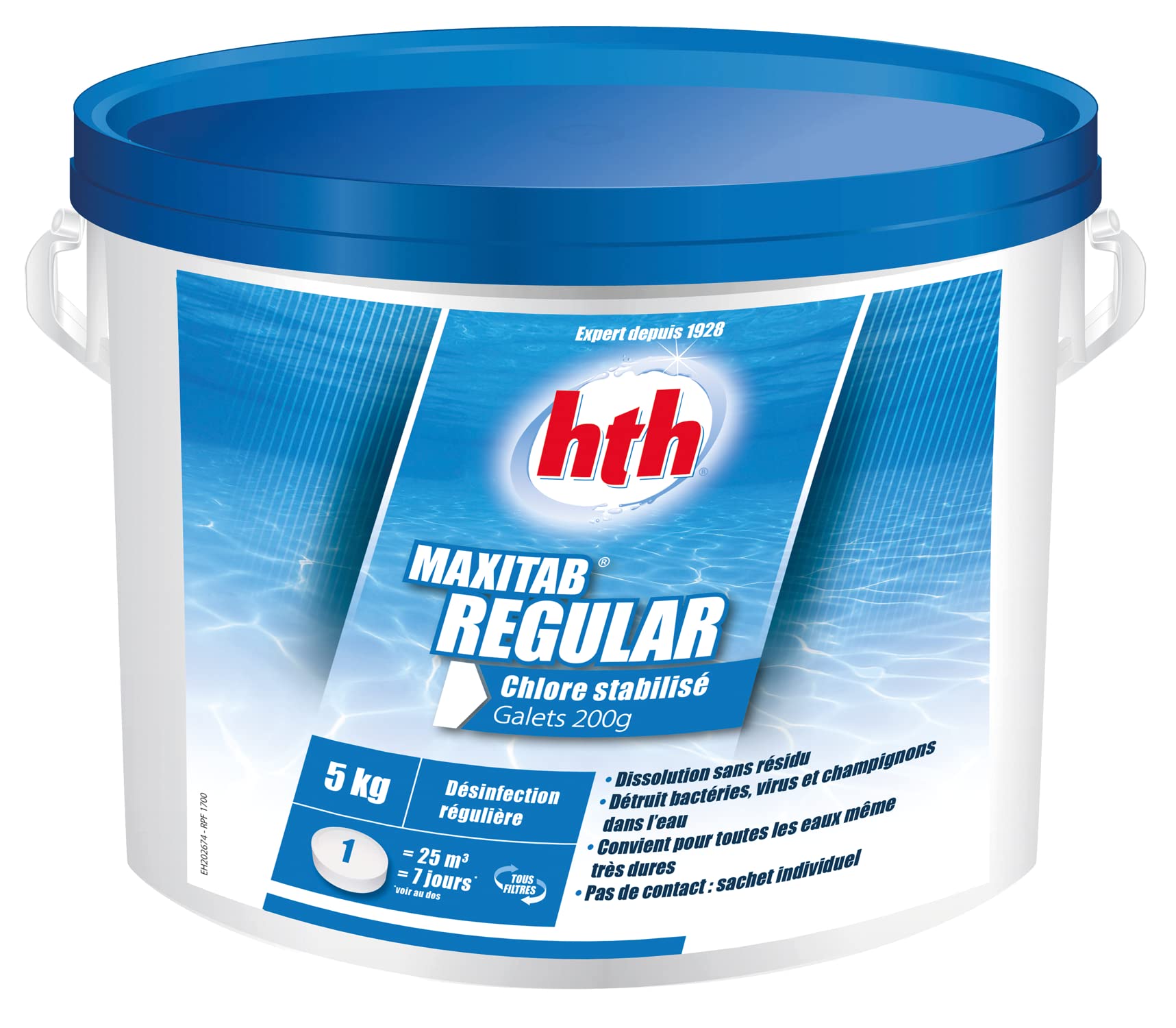 HTH MAXITAB Regular Galet 200g - 5kg | Chlore Lent Stabilisé - Désinfection Régulière - Dissolution Lente + 10 Tests HPS OFFERTS 6 en 1