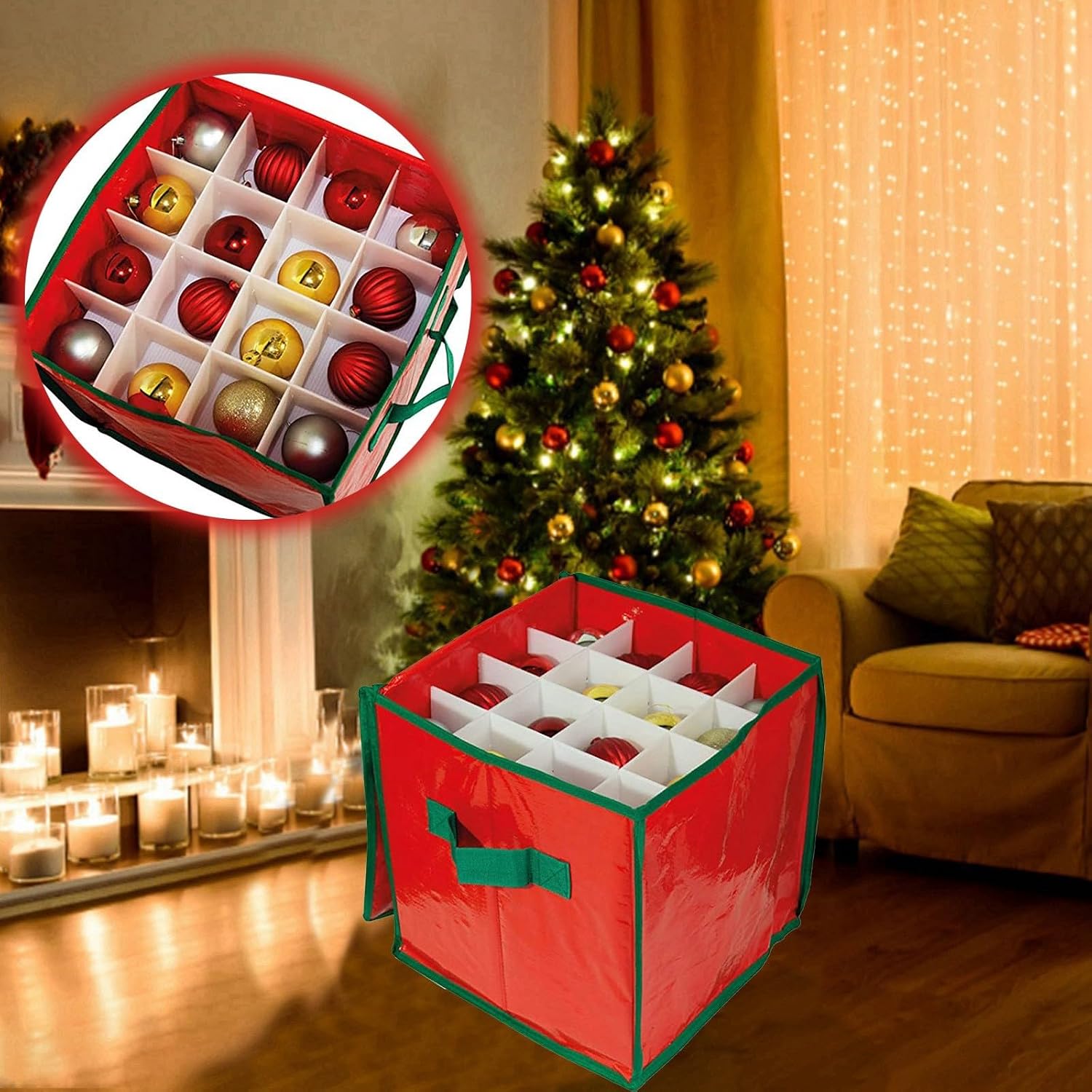 DIYCAM Christmas Ornament Storage Box Holiday Decoration Organizer, Christmas Ball Accessories Holder with Adjustable Dividers Zipper Closure