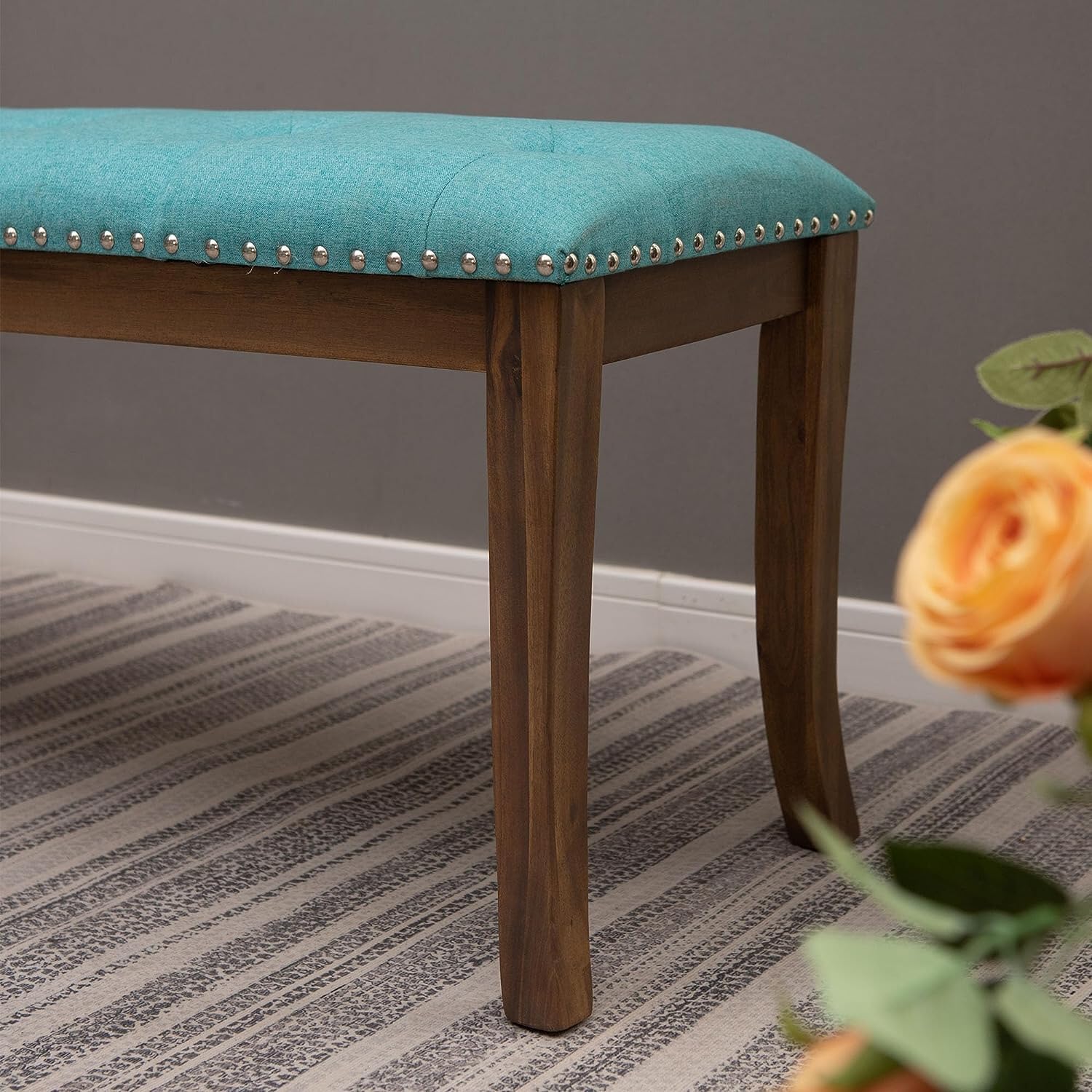 Classic Fabric Upholstered Entryway Bench Bedroom Bench with Rustic Wood Legs