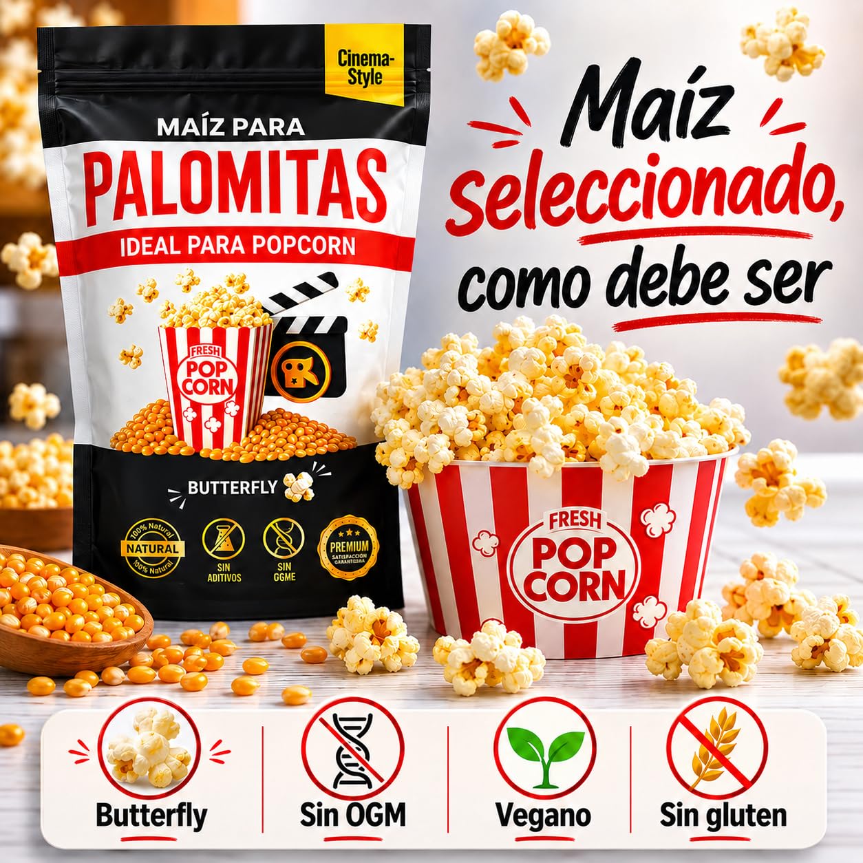 Kukurydza popkukurydziana - idealna do popkukurydzy, patelni i garnków - 925g Butterfly Premium | 98% wybuchu, bez GMO, wegańskie | zamykana koperta + 2 torby papierowe do kina na wieczór filmowy