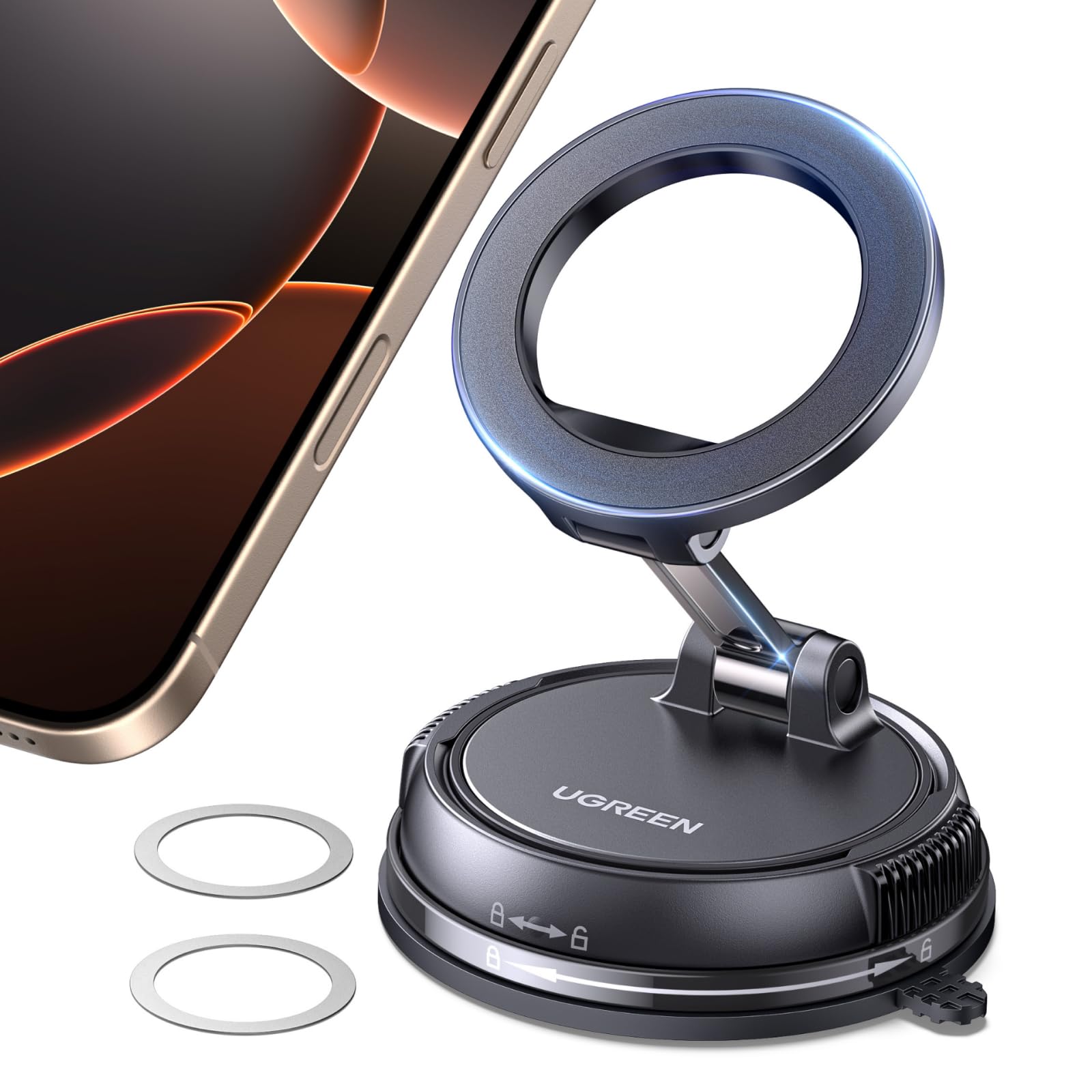 UGREEN Magsafe Car Phone Holder Strong Magnetic Mount with Metal Rings [360° Adjustable], [One-hand Auto Lock], [Removable Base], Compatible with iPhone 17/16/15/14 and Samsung S25/24/23, Black