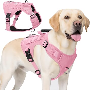 Tactical Dog Harness for Medium and Large Dogs, No Pull Dog Harness with Handle, Heavy Duty Adjustable Pet Harnesses Vest for Dogs Training and Walking, Easy Control & Escape-Proof Pink, L