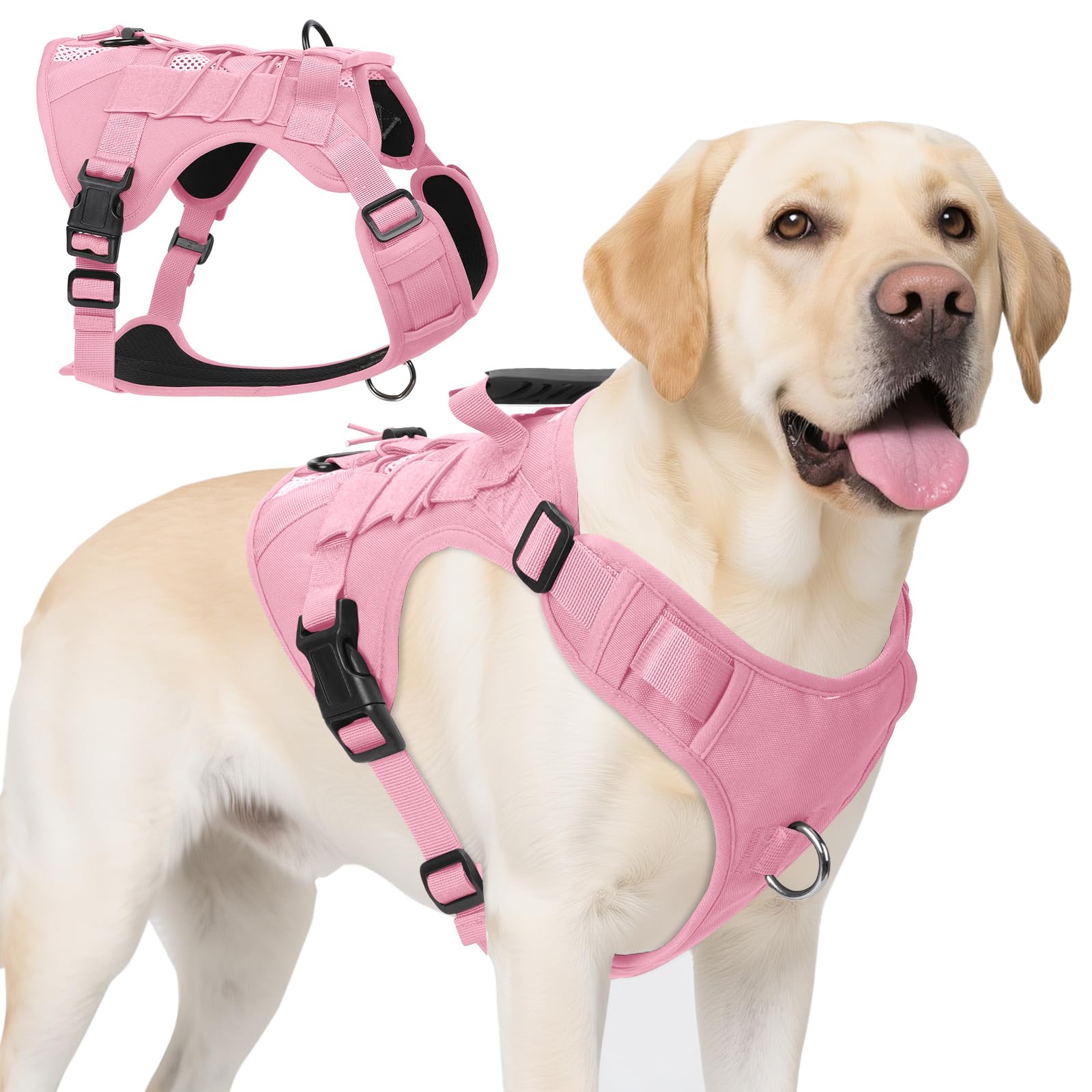 AKOFIC Tactical Dog Harness for Medium and Large Dogs, No Pull Dog Harness with Handle, Heavy Duty Adjustable Pet Harnesses Vest for Dogs Training and Walking, Easy Control & Escape-Proof (Pink, L)