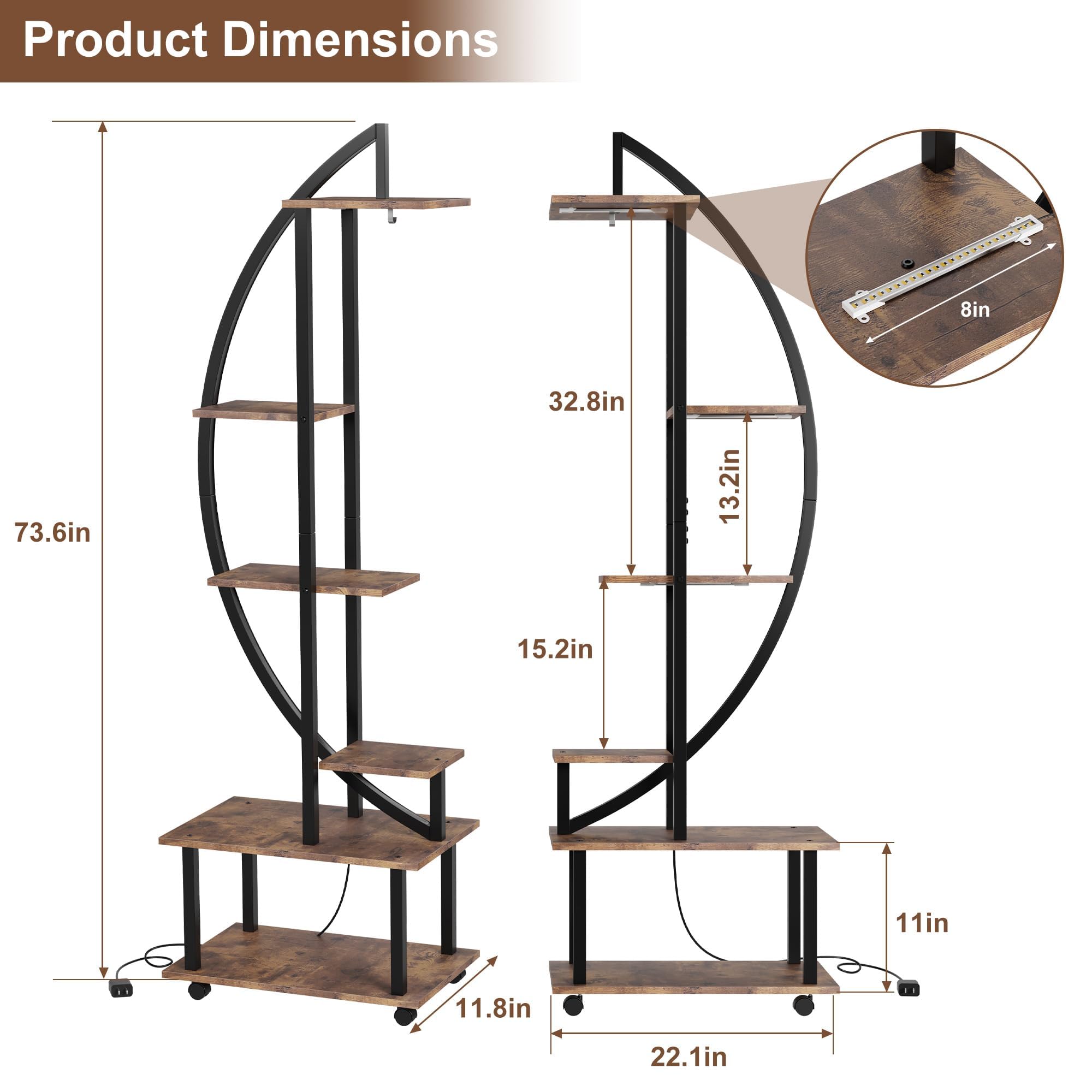 Zstar Étagère d’entrée à Plantes avec éclairage LED – 6 Niveaux, Structure métal et Bois, roulettes et tiroir – Idéale pour Salon, Balcon, terrasse – Finition Tiger Wood, Norme européenne
