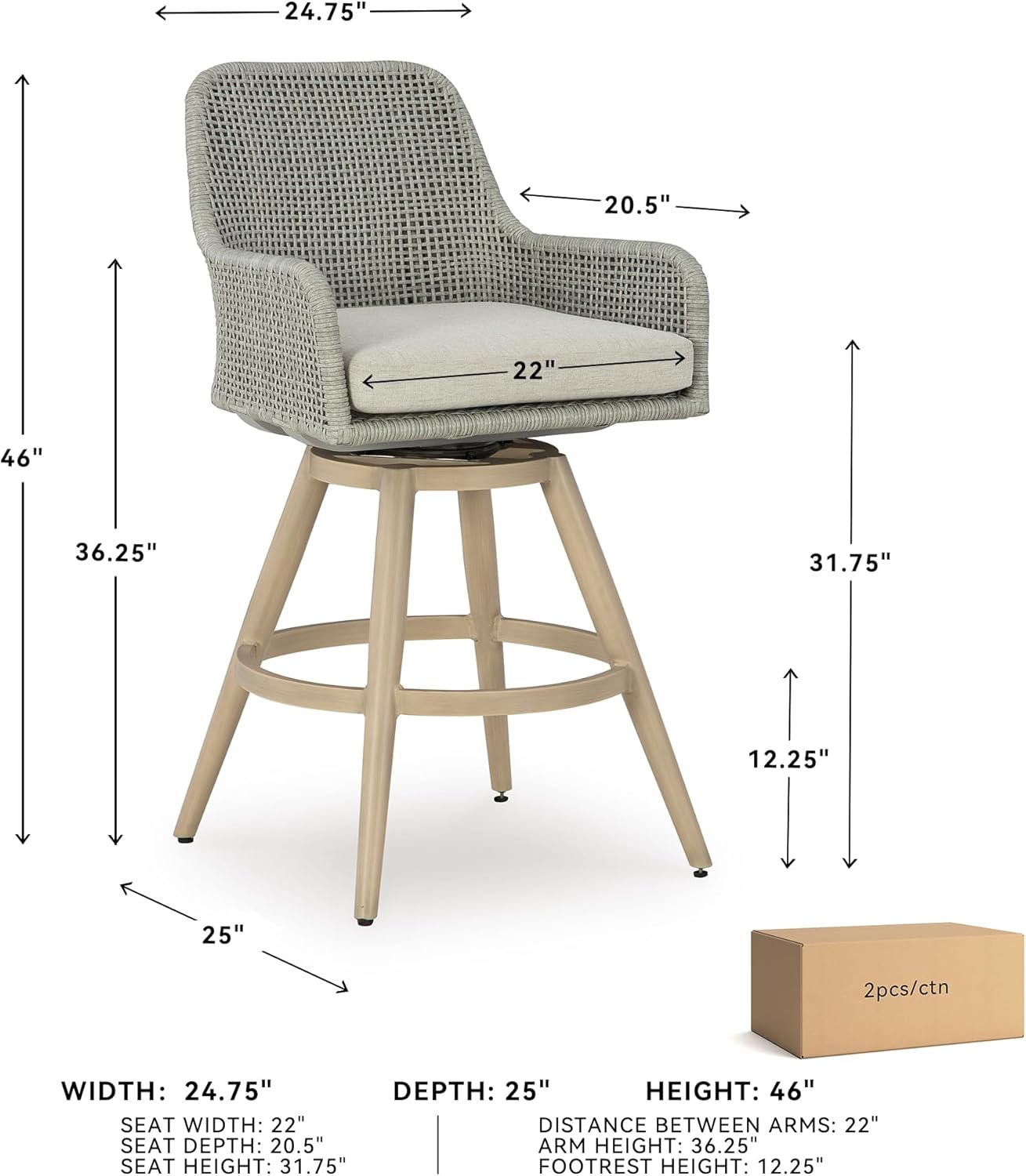 Signature Design by Ashley Seton Creek Casual Nuvella Weather Resistant Fabric, Resin Wicker Swivel Outdoor Bar Height Bar Stool with Cushion, Footrest and Armrest, Set of 2, Beige & Light Gray