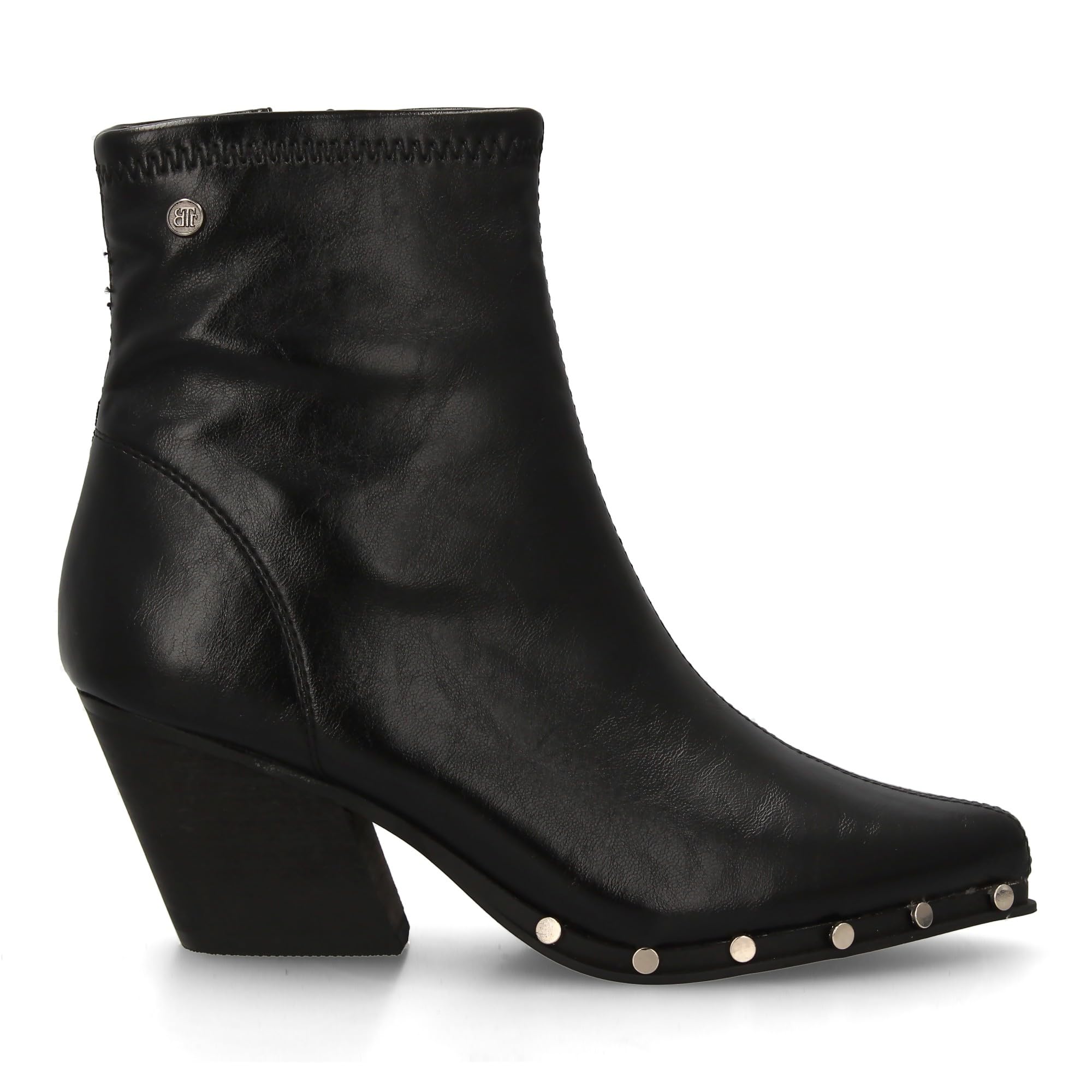 Botin de Mujer con Tacon Cubano, Detalles de Tachuelas, Estilo Moderno Acabado en Pico, Estampado Liso, Cierre Lateral de Cremallera, Ideal Otono Invierno.
