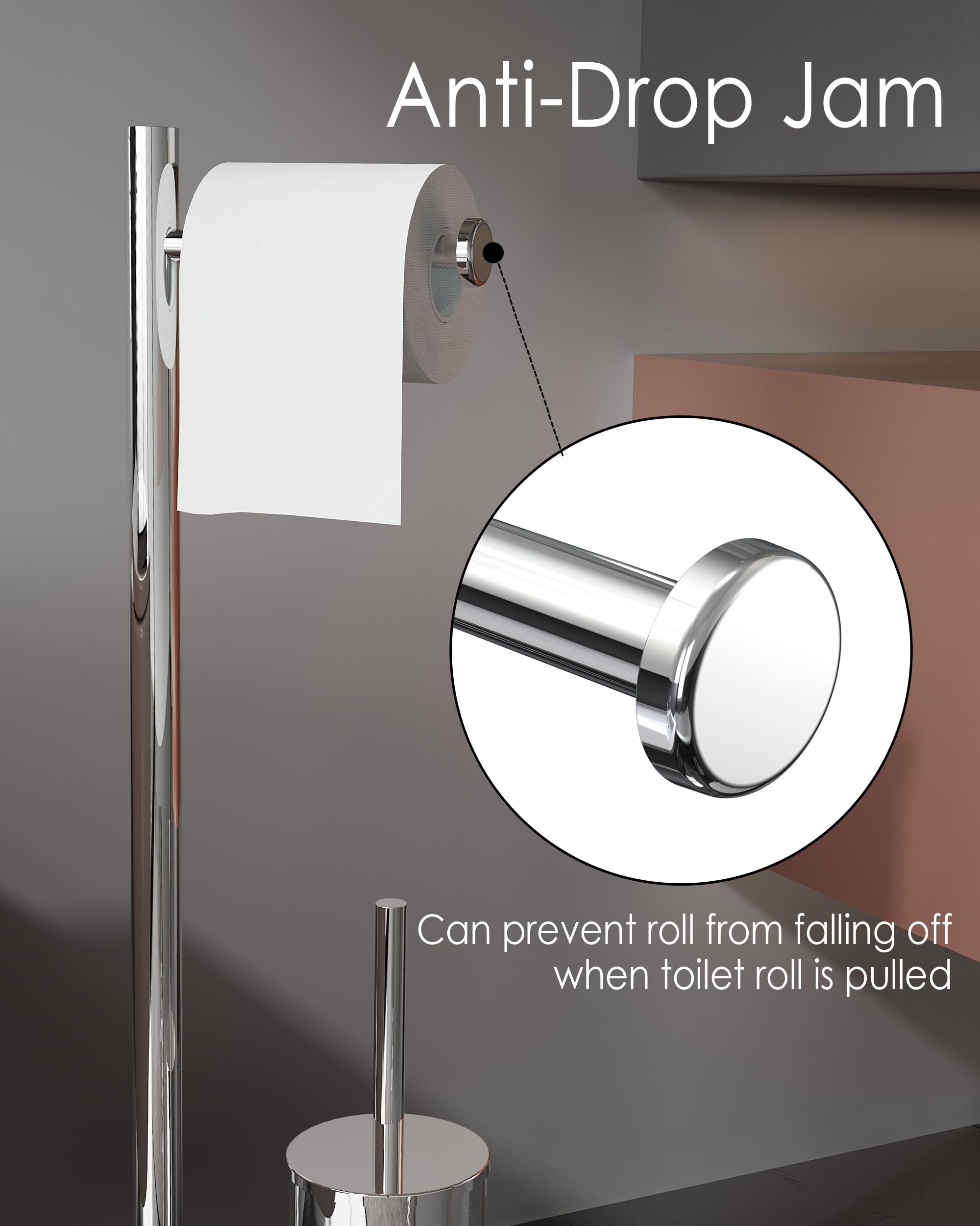 WZRUA Freestanding Toilet Roll Holder and Toilet Brush Holder Set, Chrome 304 Stainless Steel Toilet Paper Holder Stand - Image 2