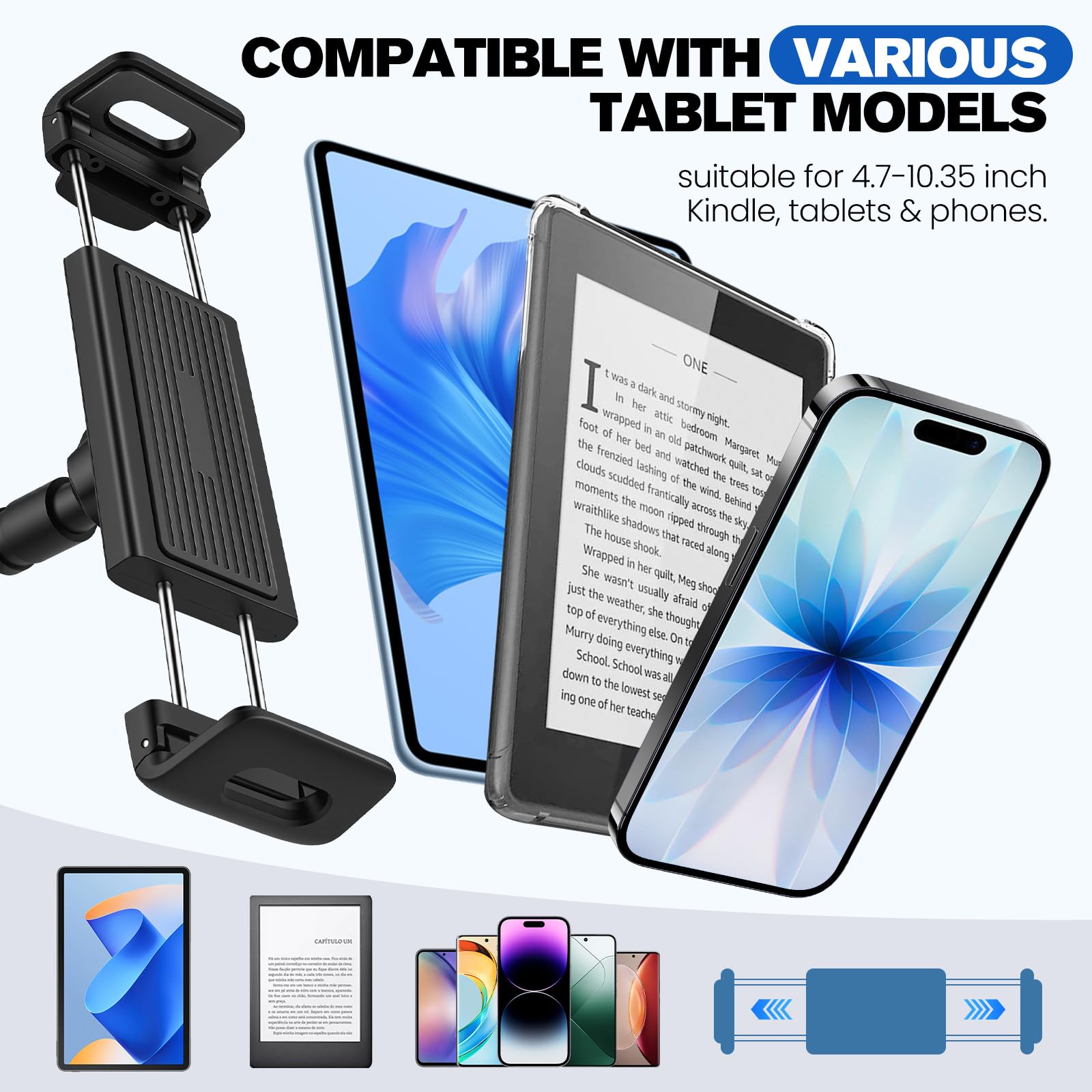 Support col de cygne pour Kindle avec télécommande RF, socle à 360° dans le lit et le canapé, avec Page Turner, accessoires pour liseuse Kindle de 4,7 à 10,35"