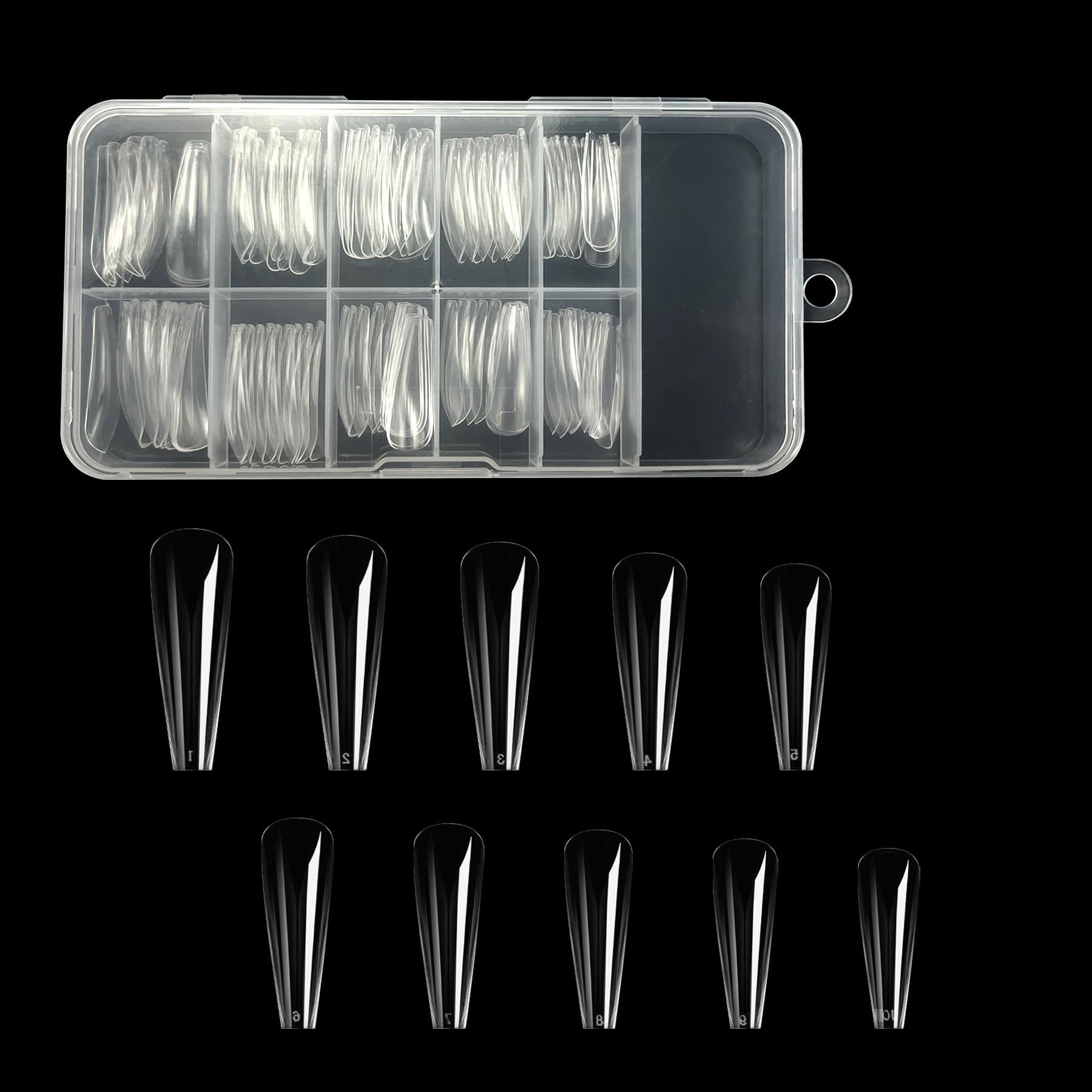 EKIND 100 Pcs Clear No-Scratch Fake Nail Tips, Coffin Shaped Ballerina False Nails, Acrylic Full Coverage Extension False Nails for DIY Nail Art & Salon (10 Sizes)