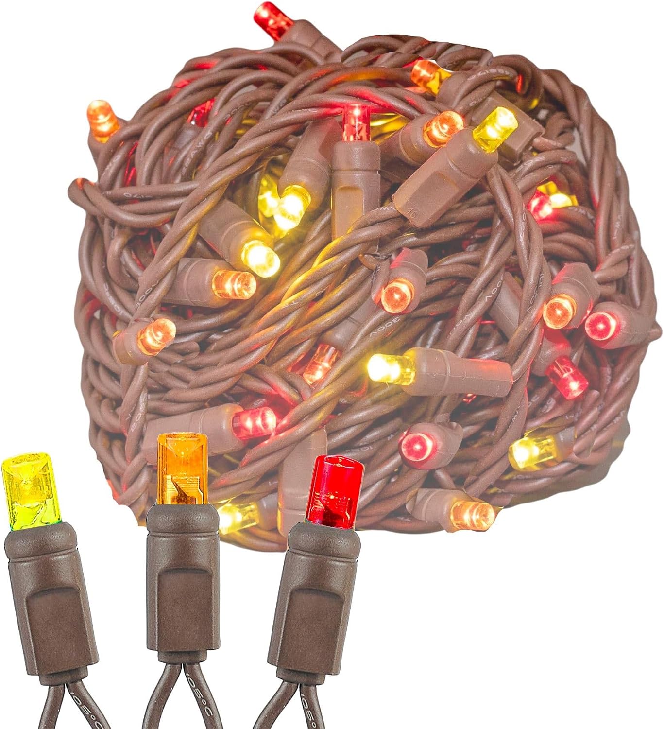 Novelty Lights 17ft 50 LED Yellow/Red/Orange Christmas String Lights, 4" Spacing on Brown Wire, UL Listed IP55 Commercial Grade Xmas Lights for Outdoor/Indoor, Dimmable, Connectable