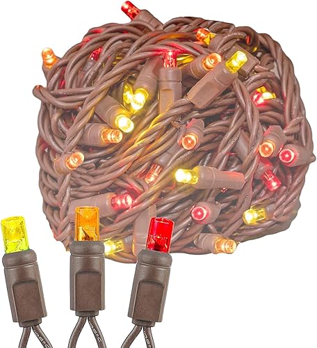 Novelty Lights Luces LED de otoño con cable marrón claro de 17 pies, 50 pies, para exteriores, grado comercial, amarillo/rojo/naranja, bombillas de