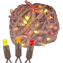 Novelty Lights 17ft 50 LED Yellow/Red/Orange Christmas String Lights, 4" Spacing on Brown Wire, UL Listed IP55 Commercial Grade Xmas Lights for Outdoor/Indoor, Dimmable, Connectable