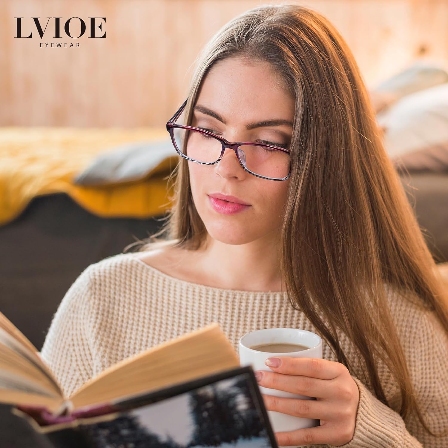 LVIOE Clear Real Glass Lenses Reading Glasses Natural Crystal Stone Smoky Quartz Lenses Blue Light Blocking Glasses LR5189