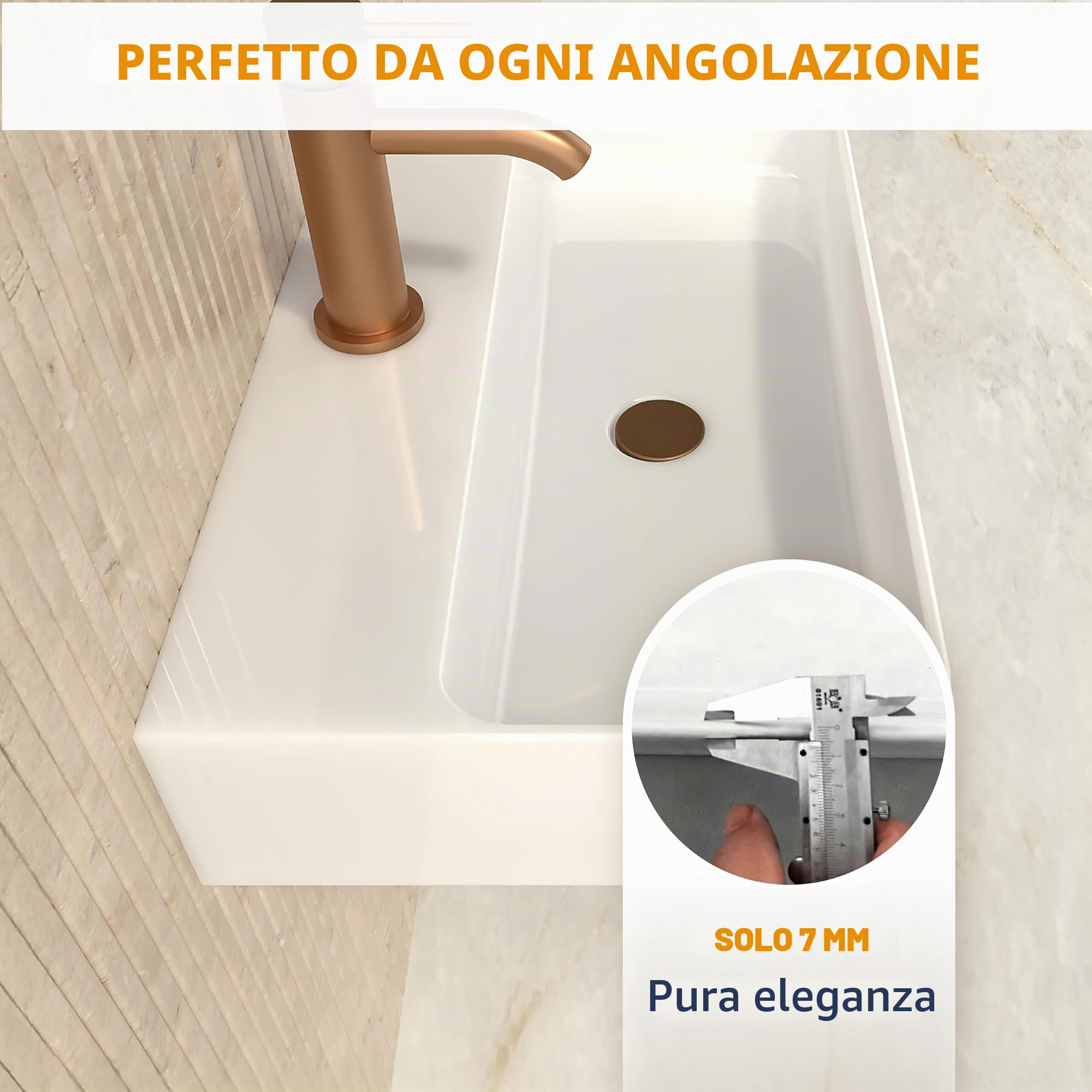 HOGART Lavabo Bagno Piccolo in Ceramica Bianco 45x28,5 cm – Lavandino Compatto Salvaspazio Rettangolare, Lavabo Sospeso o da Appoggio, Foro Rubinetto Senza Troppopieno, per WC Ospiti e Bagni Moderni