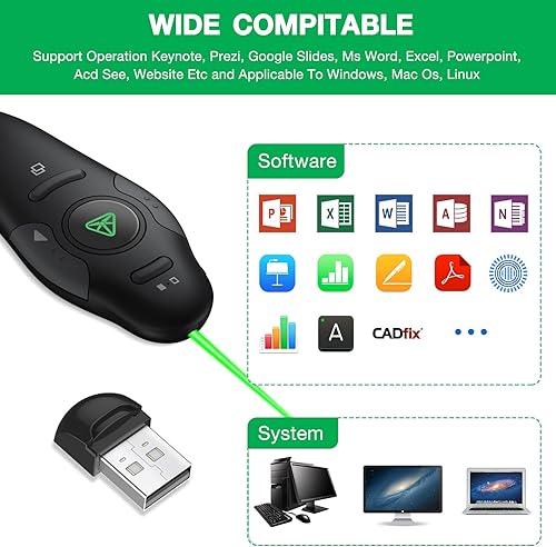Vista 4 de Presentación recargable Clicker Presentador inalámbrico Control remoto USB PowerPoint PPT Clicker, puntero láser verde RF 2.4GHz Presentador remoto