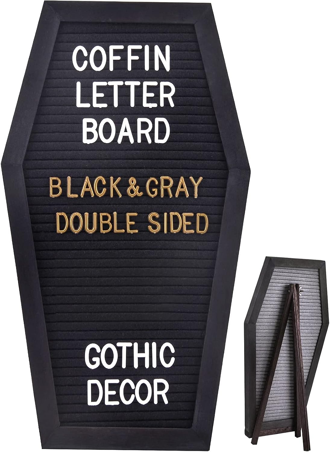SOLEJAZZ Coffin Letter Board, Gothic Decor Message Board with 730 Precut White & Gold Characters, Creepy & Spooky Decor Letterboard for Home, Wall & Tabletop Display, Black