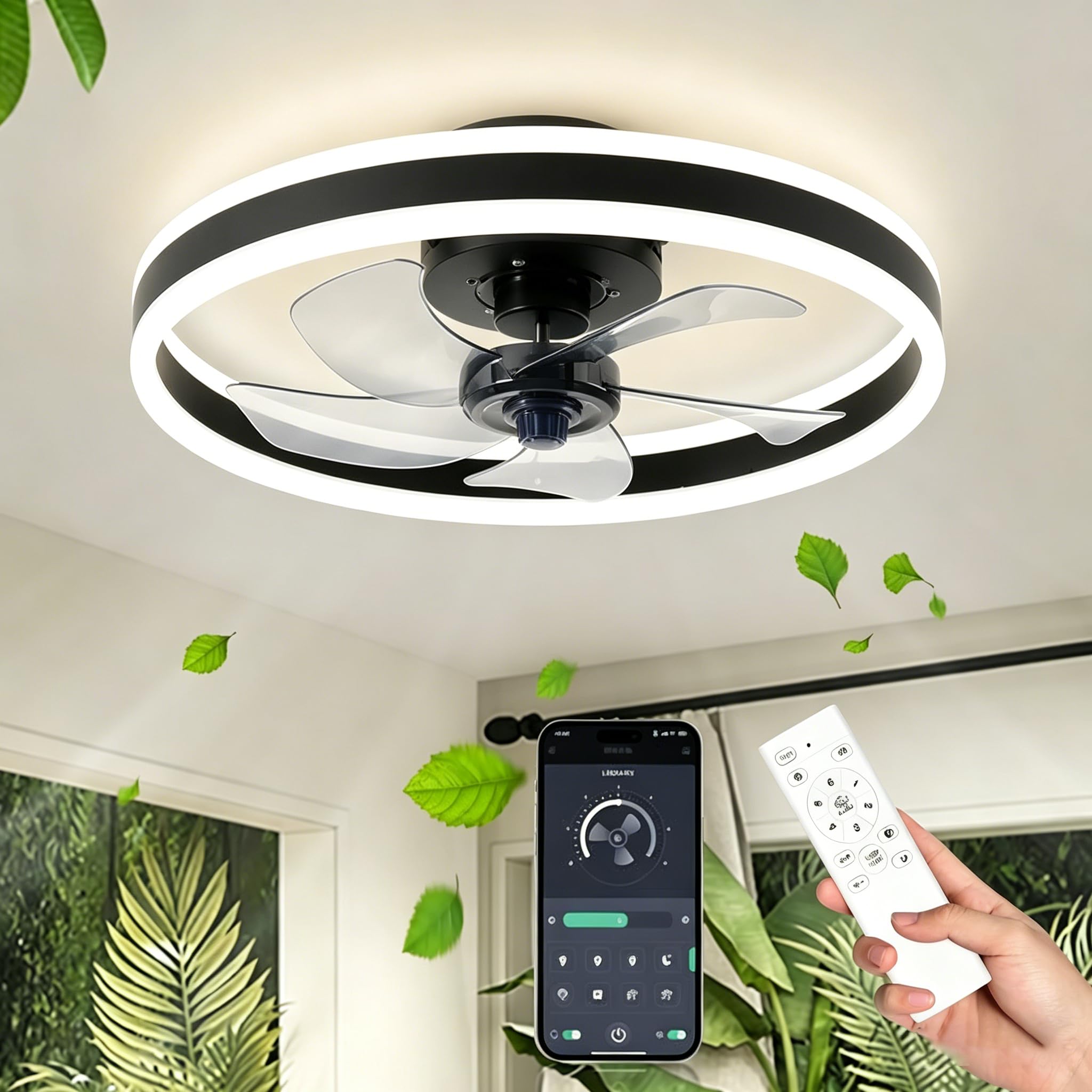 Ventilatore da soffitto silenzioso da 40/50 cm, con luce e telecomando, 6 velocità, 3 temperature, colore a vento, reversibile, Smart APP, per soggiorno, camera da letto a pannolino (40 cm), colore