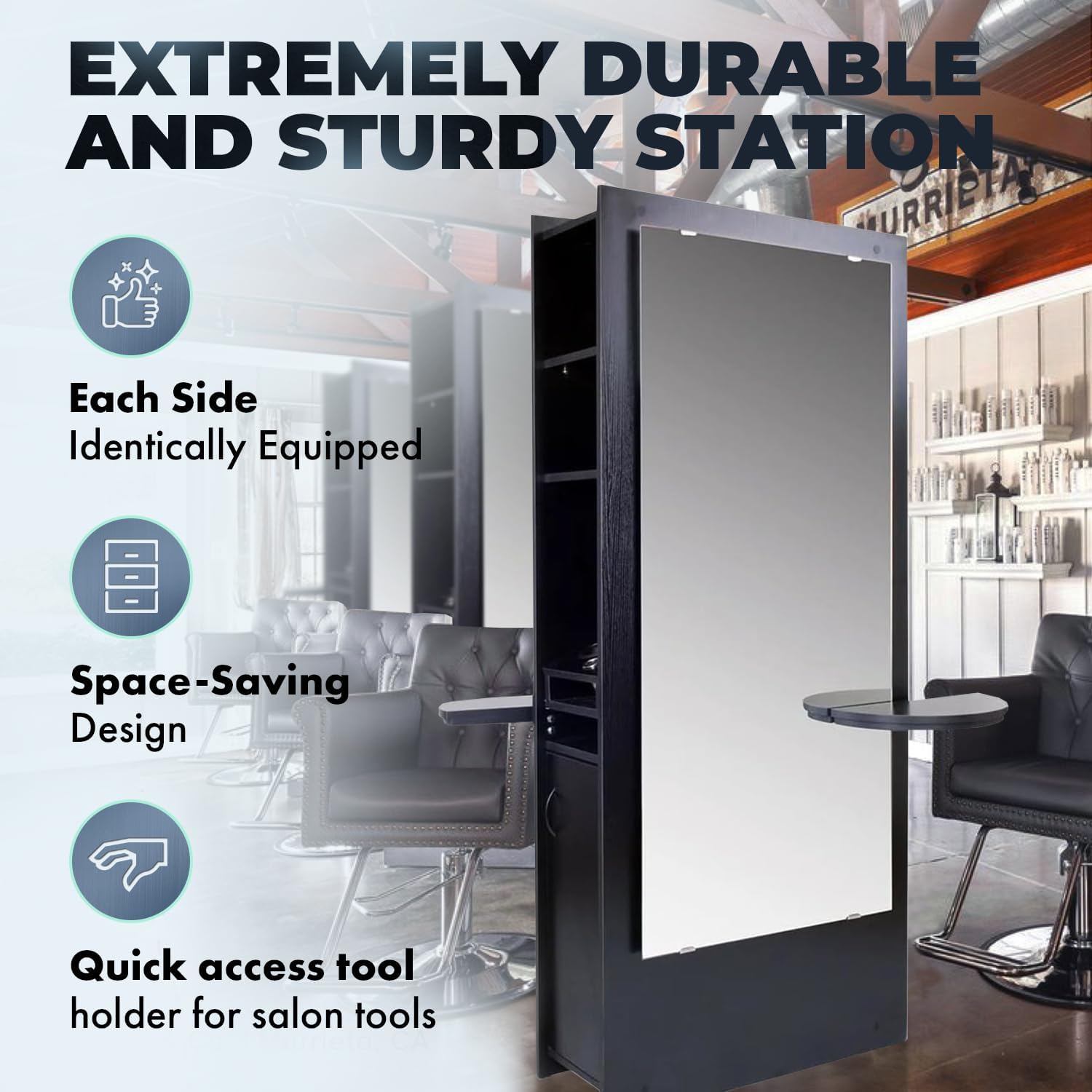 Buy-Rite Allegro Double-Sided Styling Station - Black Salon Unit with Dual Mirrors, Slide-Out Appliance Holders & Ample Storage for Professional Use, OD-2903B-BLK