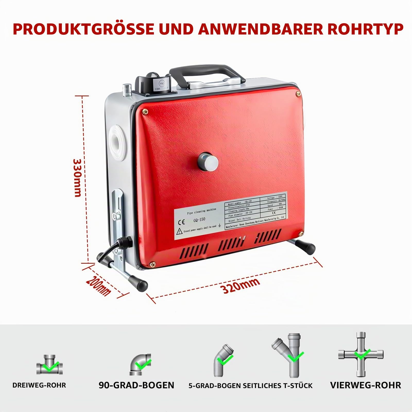 850W Elektrische Rohrreinigungsmaschine Rohrreinigungsspirale für Ø20-100mm Rohrleitungen, Rohrreinigungsgerät mit Ø16mm 20M + Ø10mm 5M Spiralen, 400U/M Reinigungswerkzeug Drain Clean