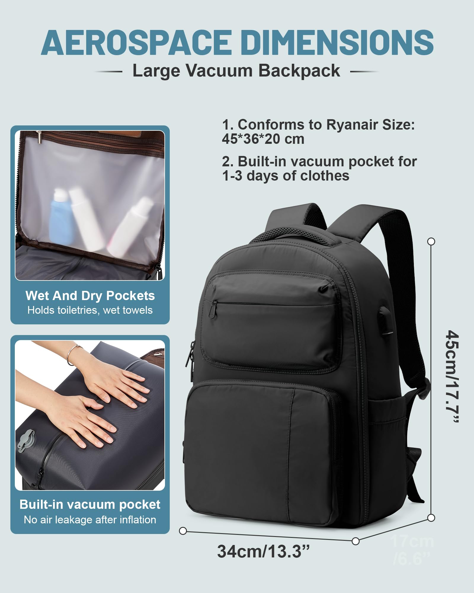 bergsalz Zaino Sottovuoto Viaggio Con Pompa, Zaino Ryanair Easyjet 45x36x20 Con Sottovuoto Incorporato, Zaino Da Viaggio Grande Da Donna Uomo Aereo Bagaglio a Mano Nero