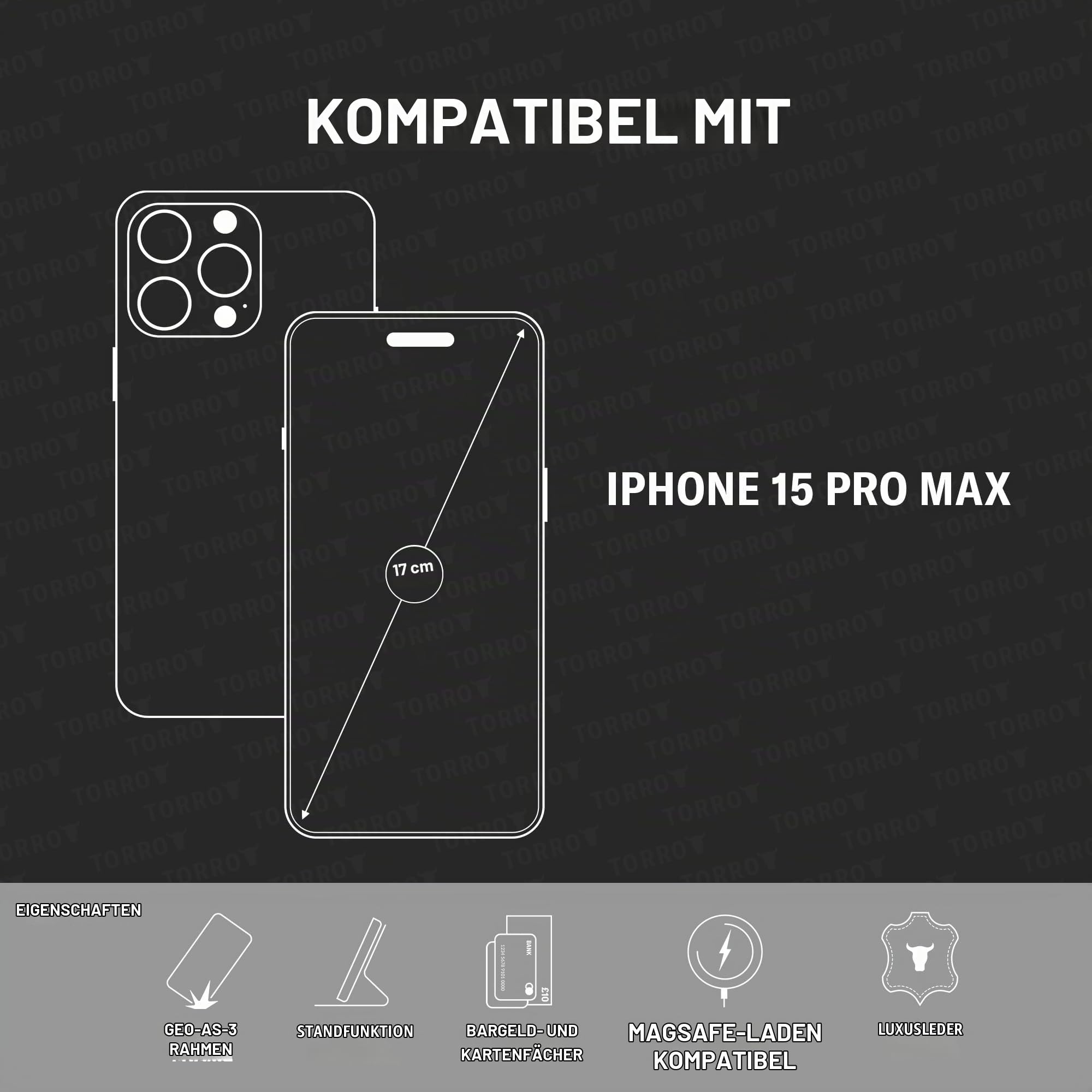 TORRO Hülle kompatibel mit iPhone 15 Pro Max – Echtlederhülle mit Standfunktion und Kartenfächern (kompatibel mit Offiziellen MagSafe-Ladegeräten) - Schwarz