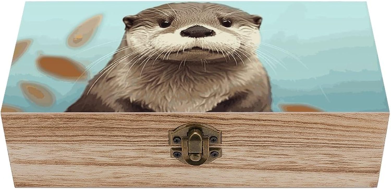 Cute Otter Wooden Storage Box Locked Wood Gift Box Decorative Keepsake Boxes Storage Bins, Memory Boxes for Pictures, Jewelry Organizer Unique Gift Ideas for Men Women