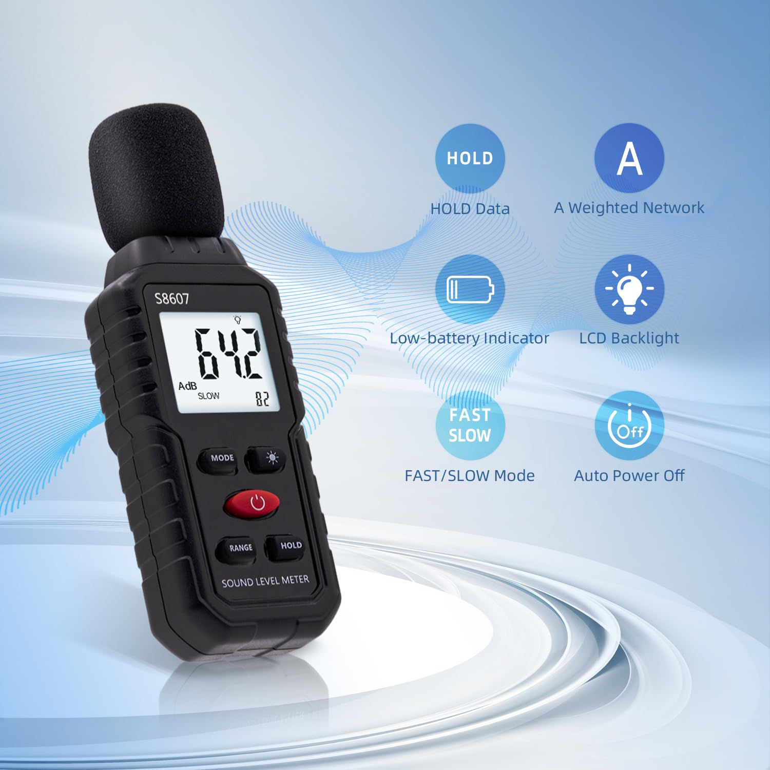 Sonómetro Medidor de Decibelios 30-130 dB – Decibelímetro Digital – Medidor Nivel Sonido para Ruido Vecinos, Oficina, Taller, Fábrica, Sitio Construcción