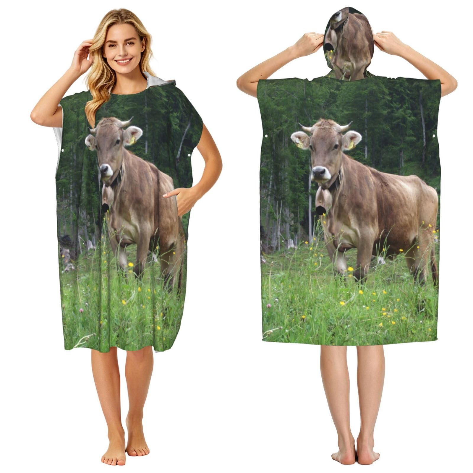 Poncho à capuche en microfibre style vache suisse pour adultes homme et femme