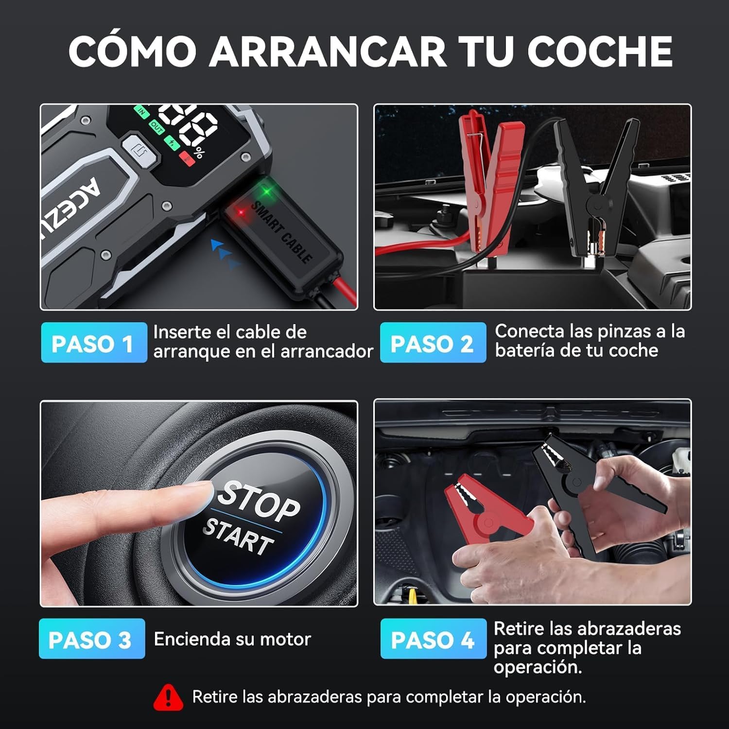 Four-step visual guide on how to jump start a car using the ACEZUK M01 jump starter.