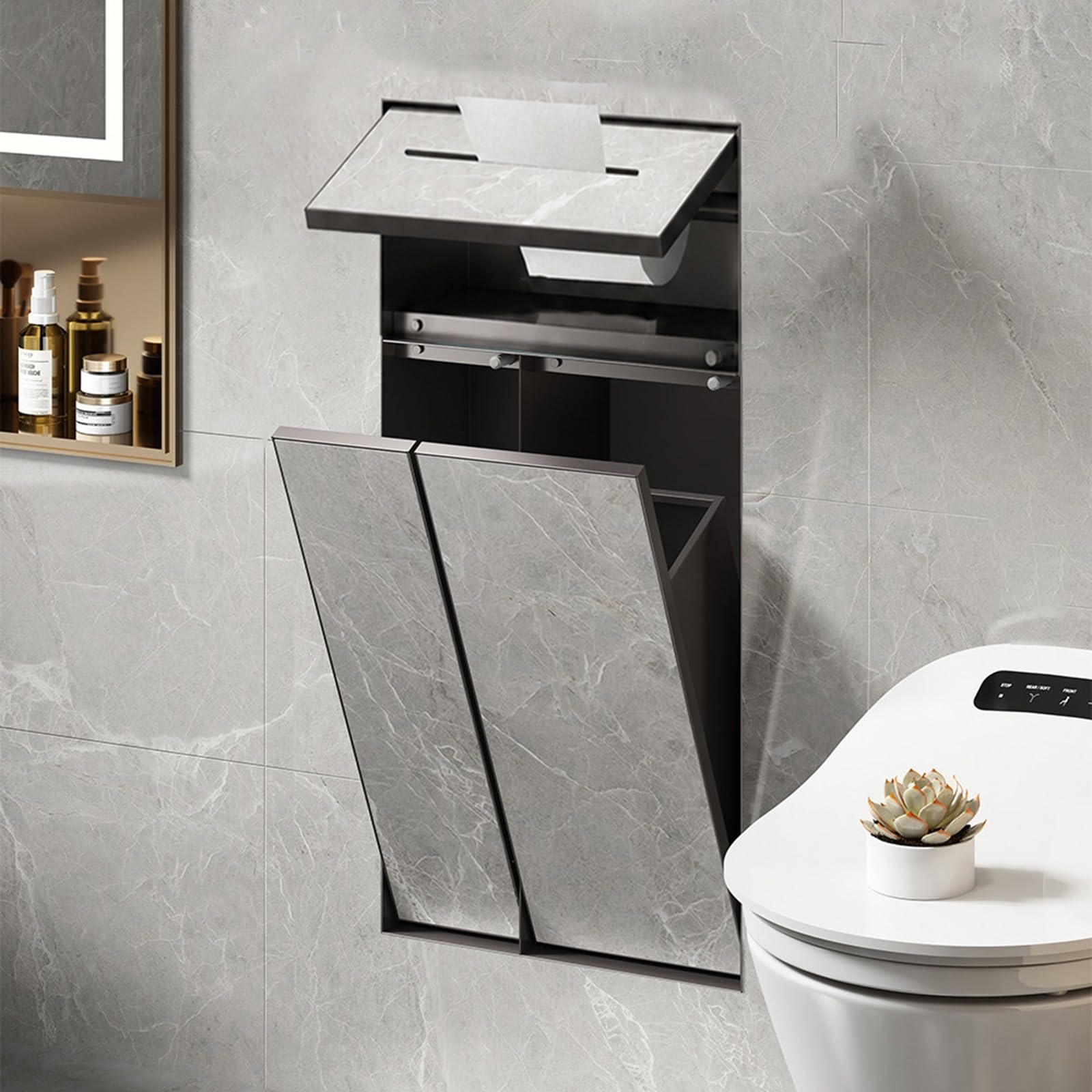 Recessed Toilet Roll Holder/Trash Can Cabinet, Stainless Steel Tileable Concealed Shower Storage with Magnetic Door, Commercial Hotel Nursery Studio Gym Bathroom(34x14x64cm)