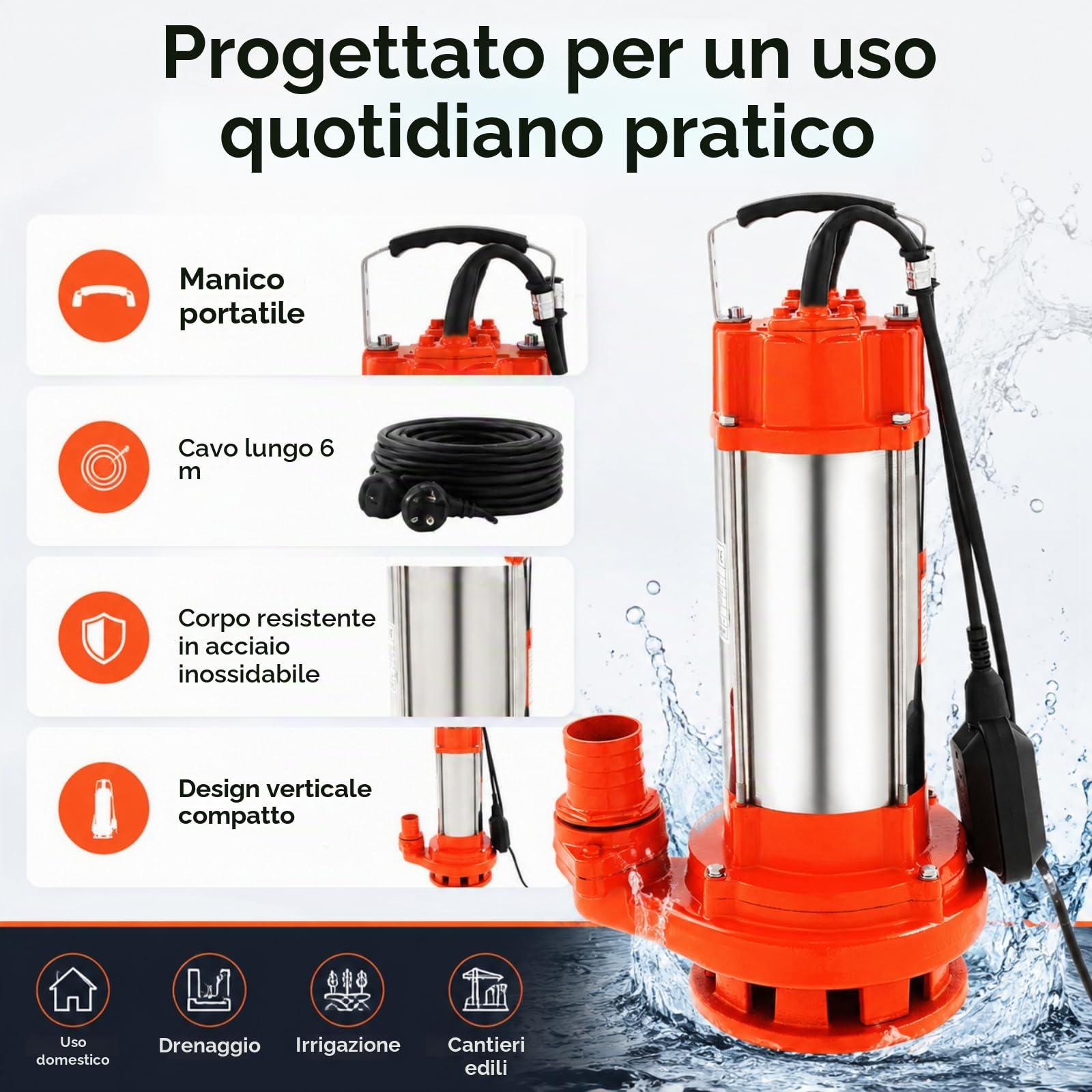 Pompa per acque reflue, 2200 W, 26000 l/h, pompa sommersa per acque reflue, pompa sommersa con interruttore galleggiante, in acciaio inossidabile, prevalenza 25 m, pompa per liquami con maniglia