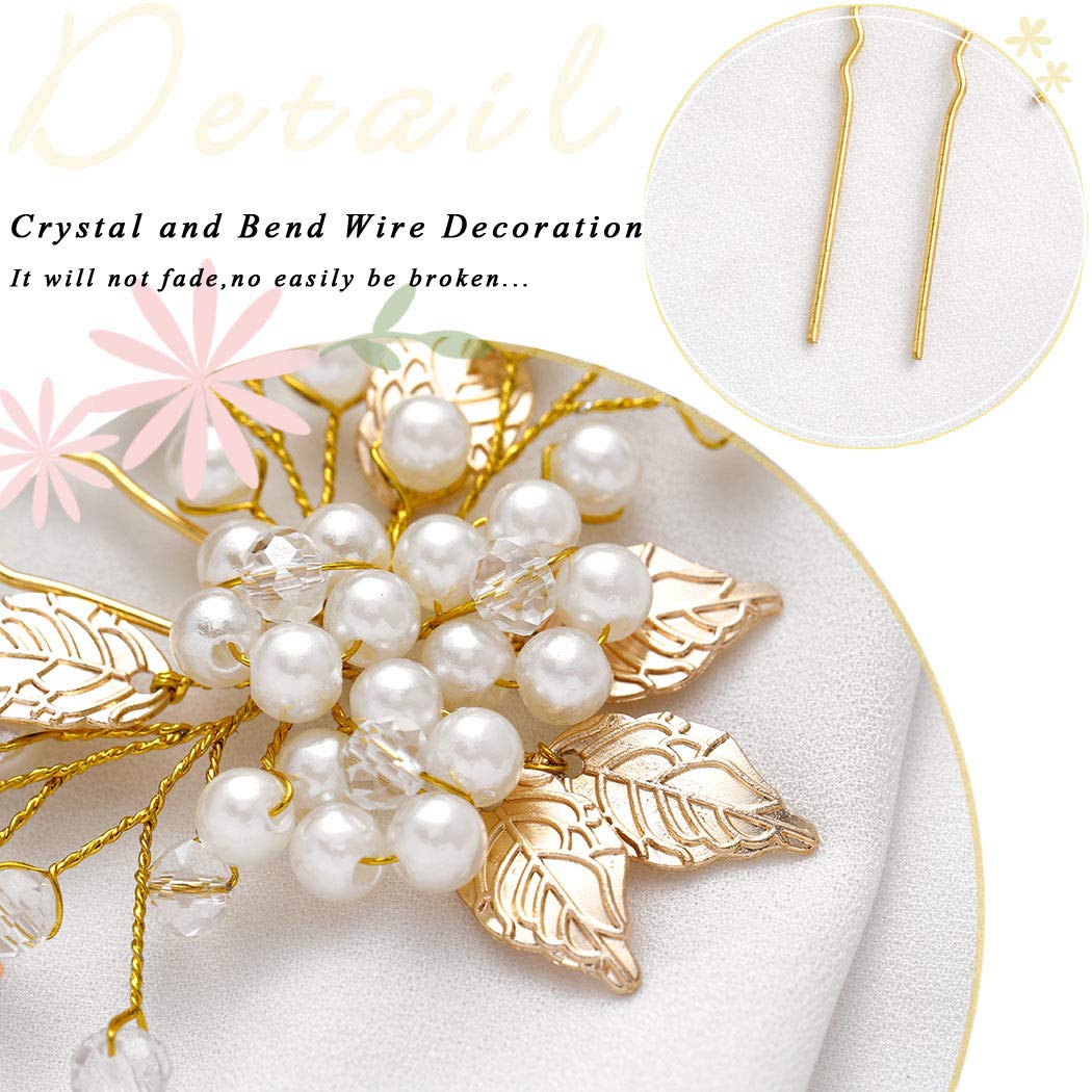 Heread Pearl Bride Wedding Hair Pins Leaf Bridal Head Piece Flower Hair Accessories for Women and Girls