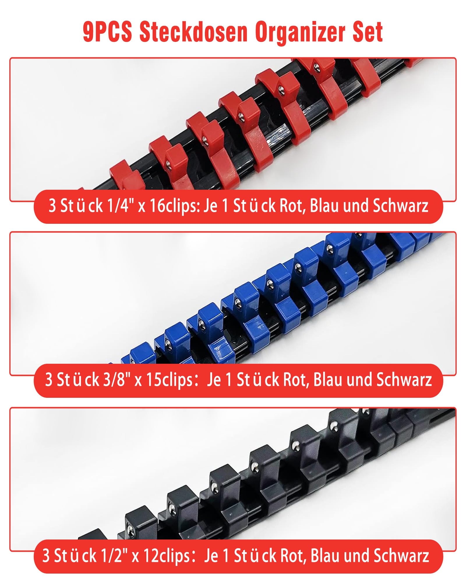 Soportes para Llaves de Vaso: 9 Piezas Organizador Llaves de Vaso con 129 Clips para Vasos de 6.3 mm (1/4"), 10 mm (3/8"), 12.5 mm (1/2") en Pulgadas Métricas