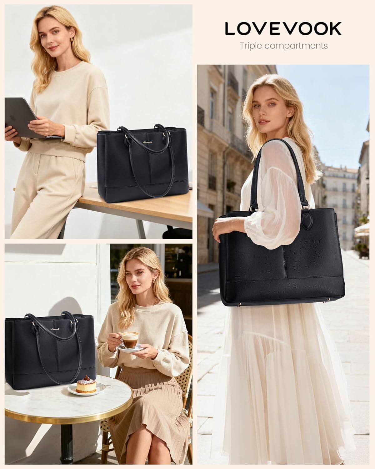 LOVEVOOK Laptop Tote Bag for Women, PU Leather Work Tote Bag with 3 Compartments, Waterproof Computer Bag for Office Travel - Image 4