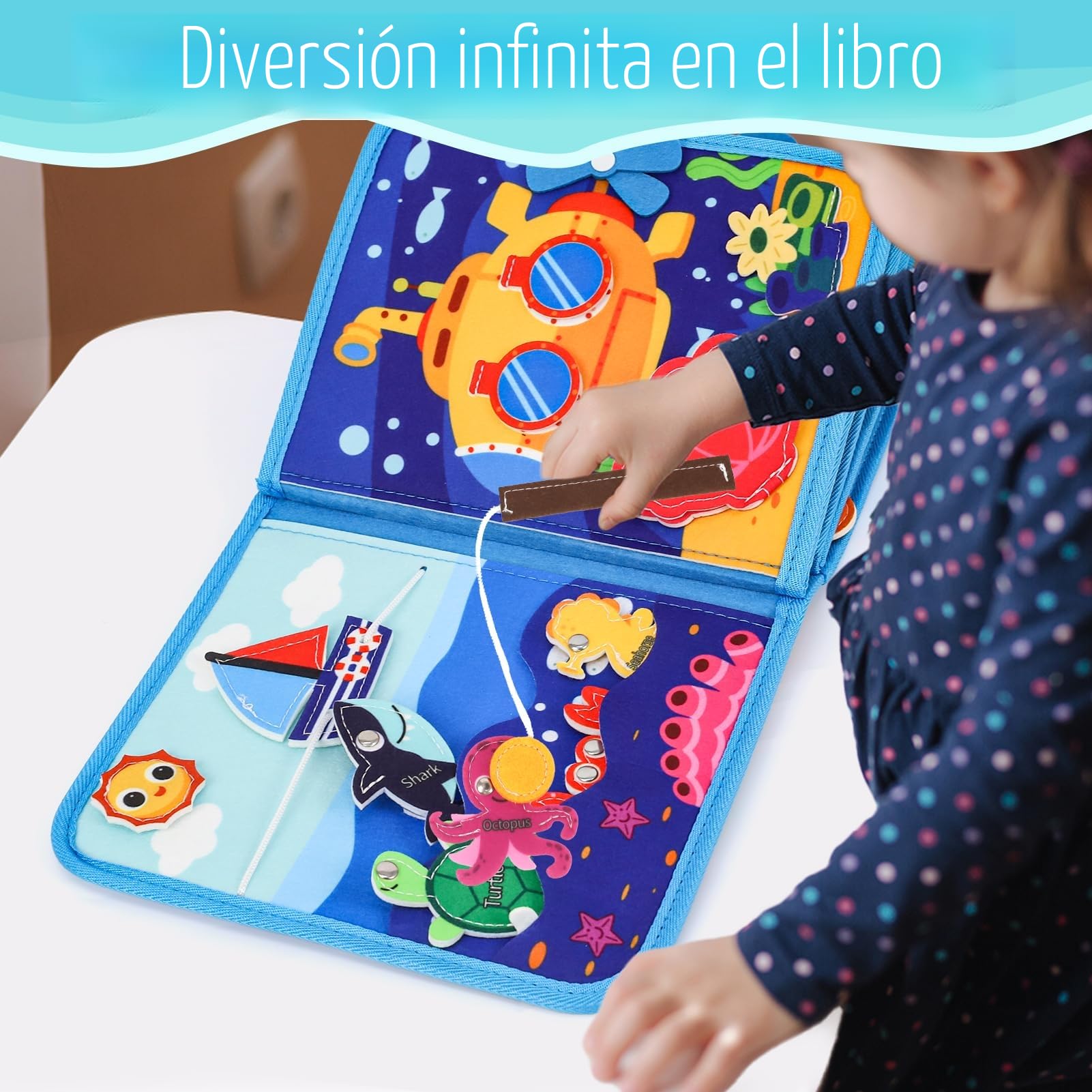 LZDMY Libro Montessori para Niños 1 2 3 Años, Busy Board Tablero Sensorial Educativo con Tema Oceánico, Juguete Interactivo de Motricidad Fina, Juguetes Actividades Portátil, Regalo de Cumpleaños