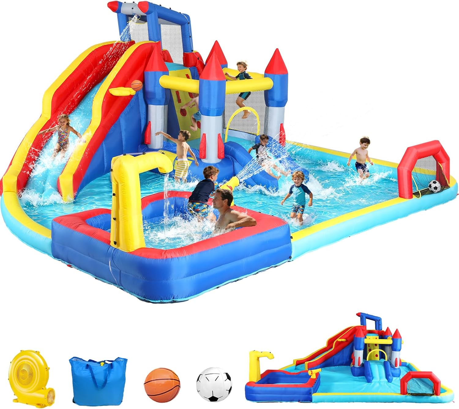 Large Inflatable Water Slide Park, 19x17x8 Ft 10 in 1 Water Bounce House with Blower, Dual Splash Pool, Water Cannon, Basketball & Soccer, Backyard Blow Up Water Slides Bouncy Castle for 3-10 Kids