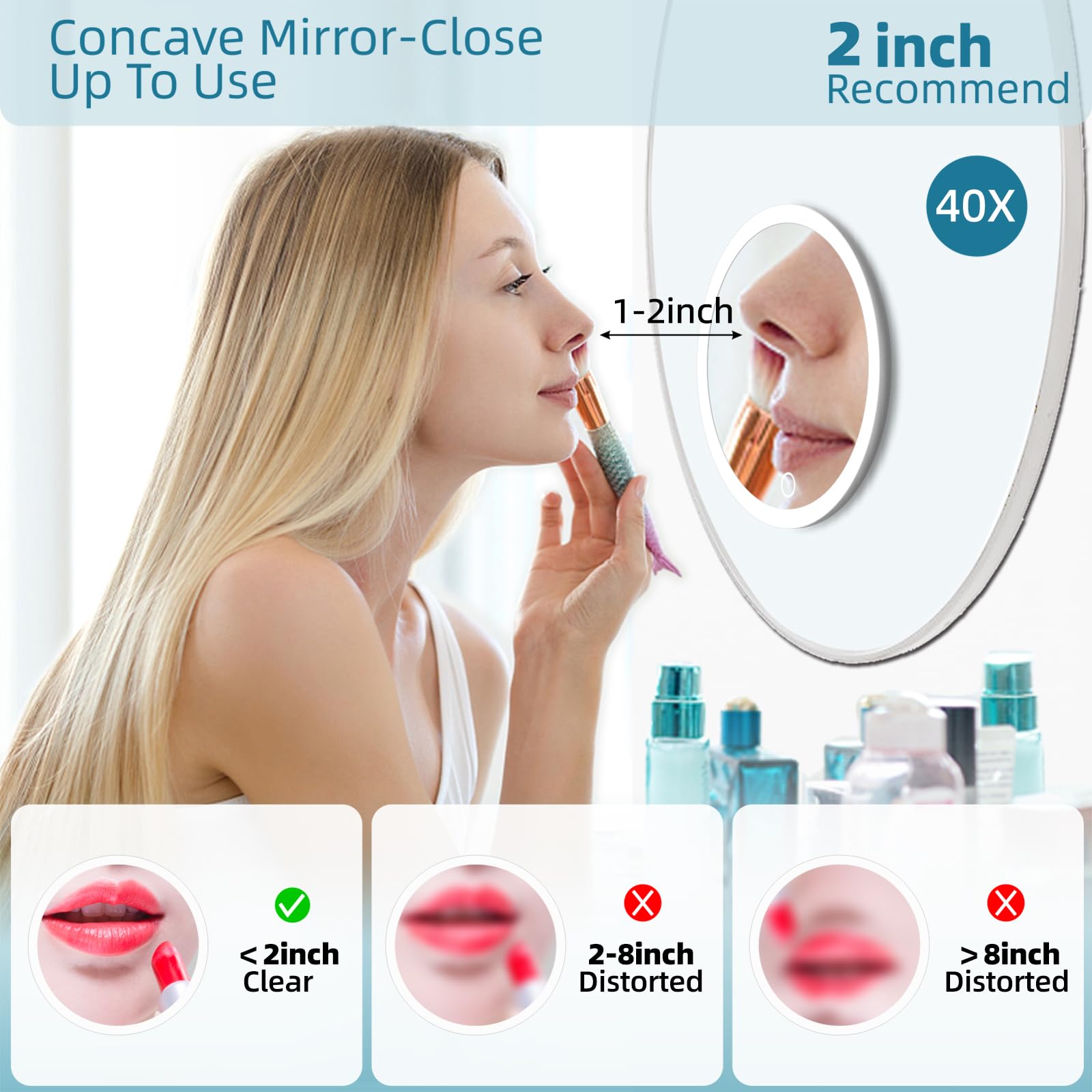 Miroir grossissant x 40 avec lumière, format compact de voyage de 15,2 cm, 3 lumières de couleur réglables, miroir de maquillage rechargeable 40x avec 3 ventouses – Comprend une pince à épiler