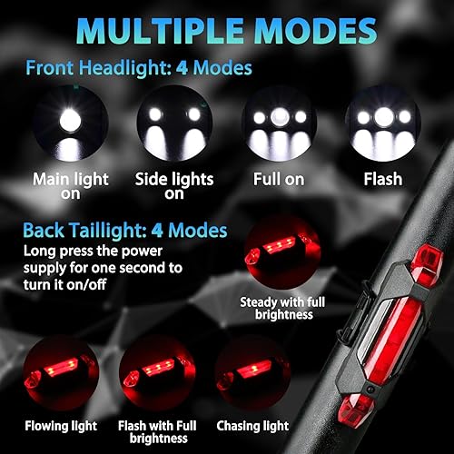Miniatura 6 de Juego de luces recargables superbrillantes para bicicleta, 4+4 modos, potente faro delantero y trasero de bicicleta, 18+ horas, luces impermeables