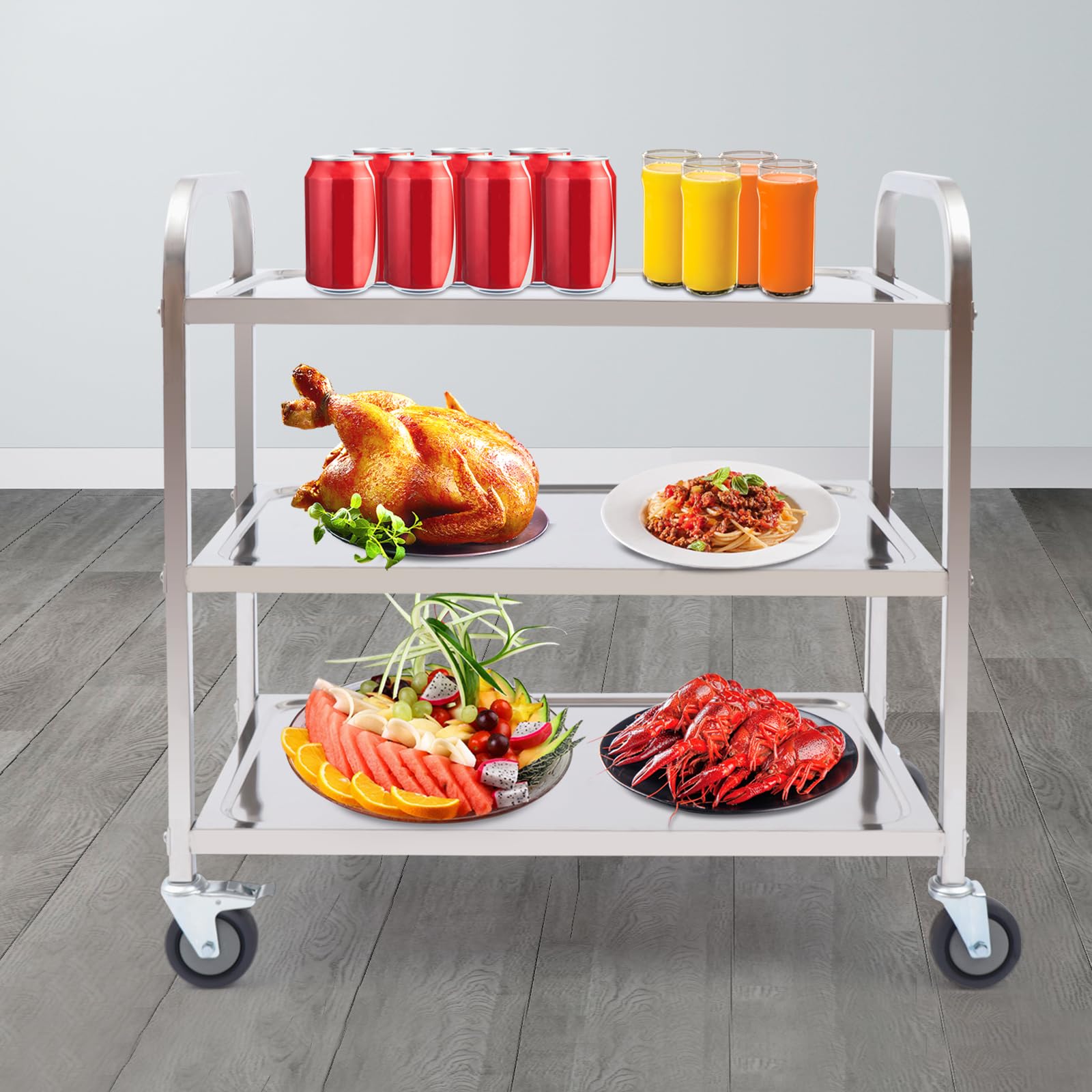 Carro de servicio de acero inoxidable 3 bordes, carrito de cocina, carrito de servicio, cuatro ruedas universales, mango integrado, ruedas sin soldadura, agujeros preperforados, clavos y hebilla de