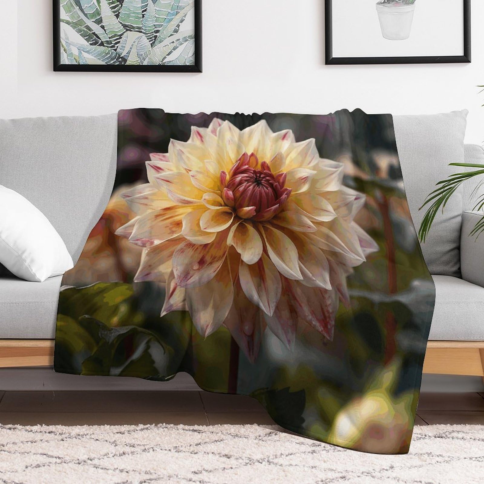 Couverture en micro polaire dahlia jaune 178x203 cm pour lit et canapé