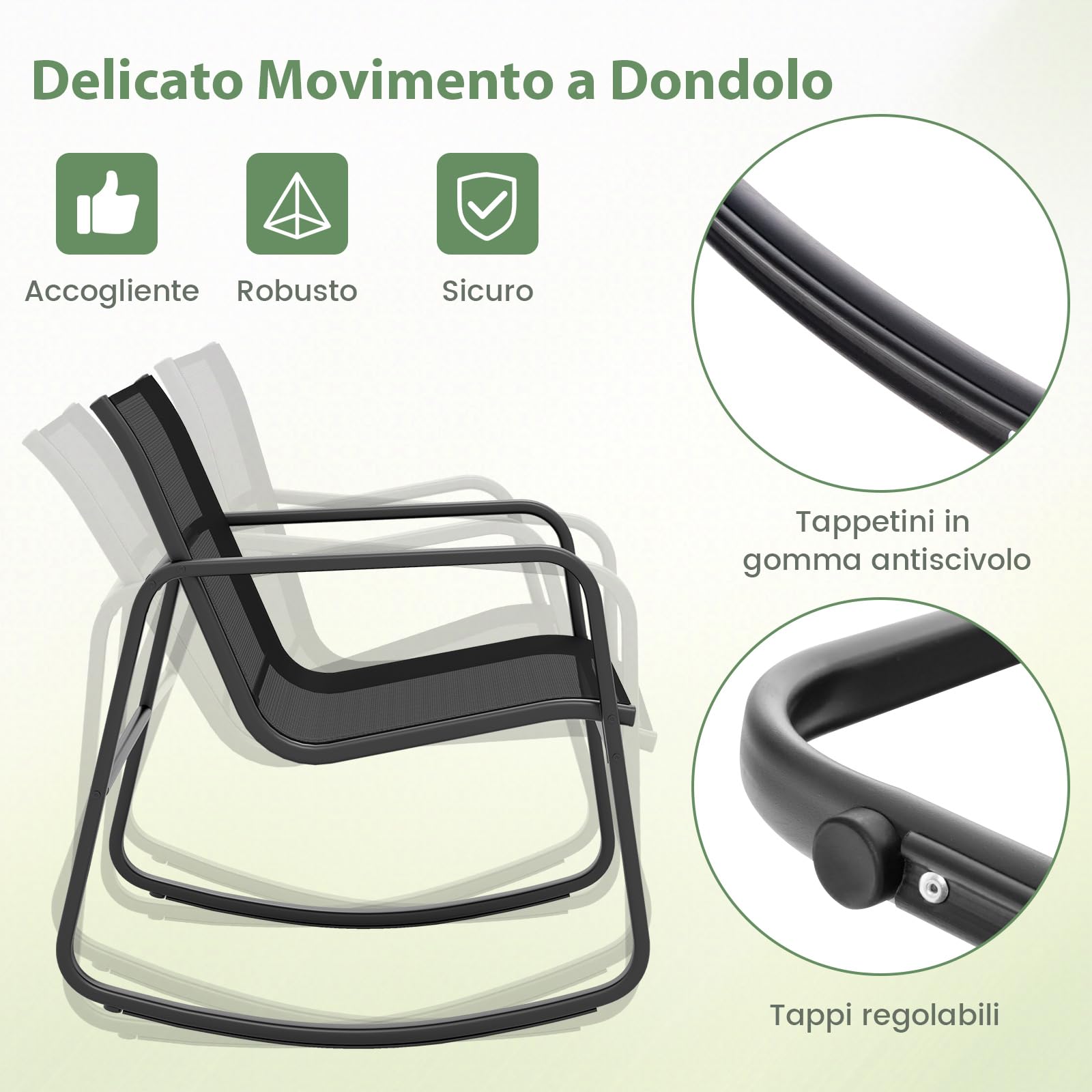 COSTWAY Set Bistrò 3 Pezzi, Sedie a Dondolo Ergonomiche Textilene, Tavolino Vetro Temperato, Struttura Metallo, Nero