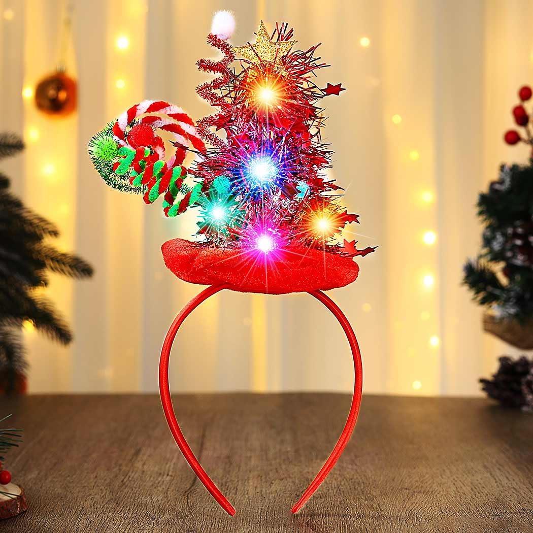 Zoestar Cerchietto per capelli con cappello di Natale illuminato, con luci a LED, accessorio per capelli da donna (rosso, taglia unica