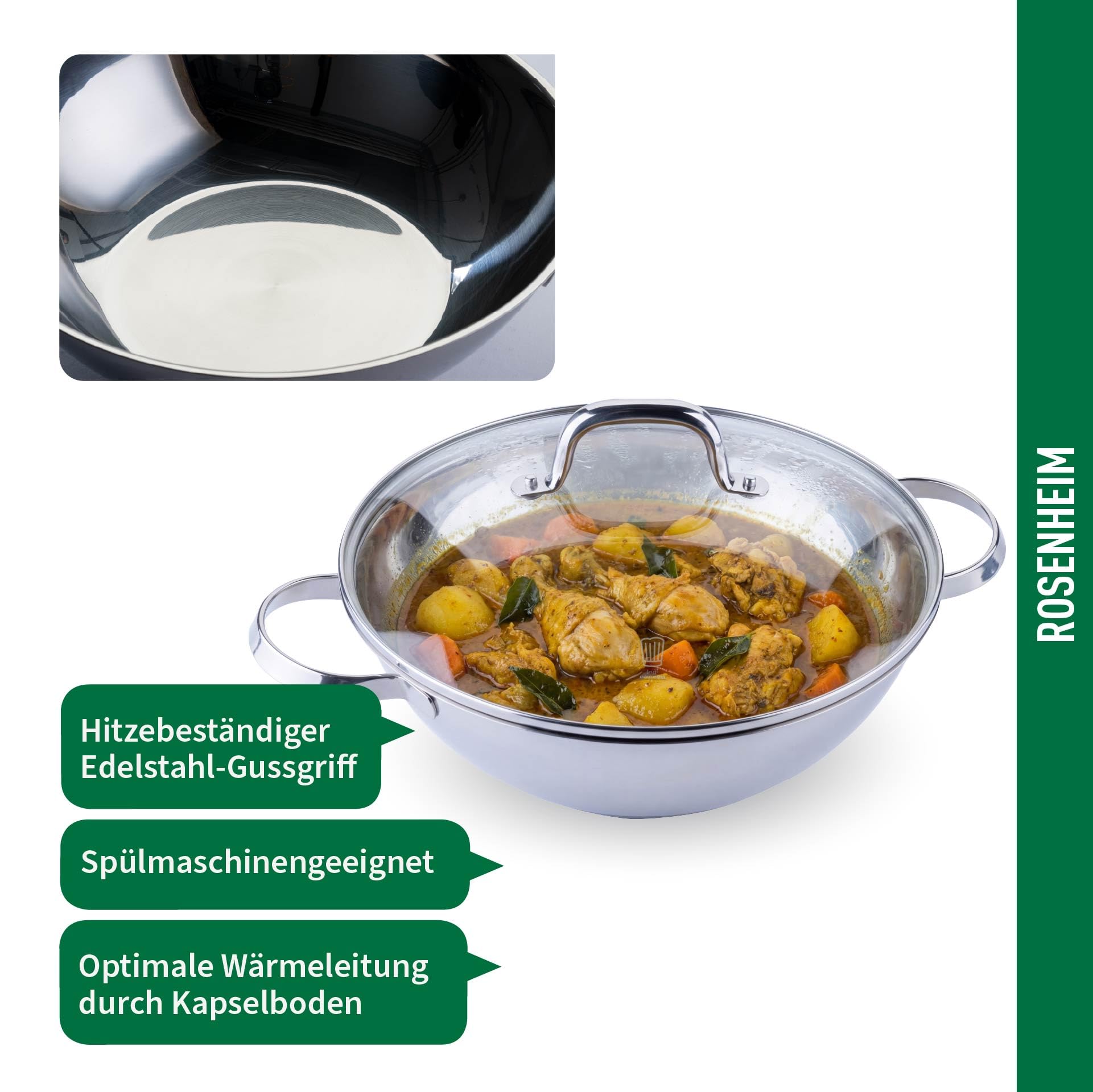 FACKELMANN Chefkoch trifft Wokpfanne Rosenheim – Ø30 cm, Glasdeckel inkl. Dampföffnung und Aluminiumkern, Aus Edelstahl mit hitzebeständigem Gussgriff, für alle Herdarten, Spülmaschinengeeignet