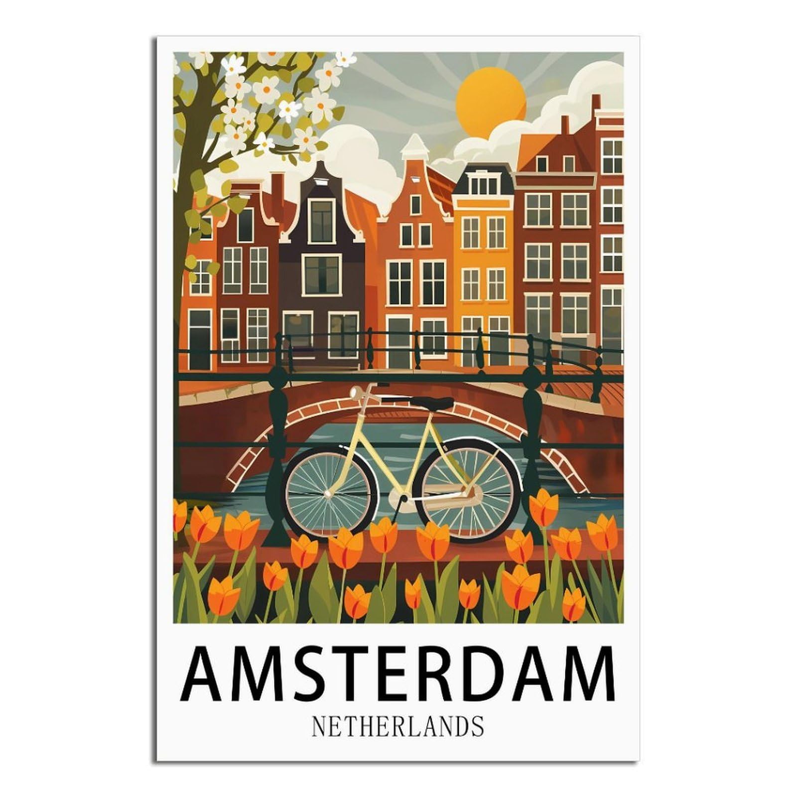 Sljgineu Unframe-Style Amsterdam Netherlands Vintage Travel Posters Bridge 12X18inch(30X45cm) Canvas Wall Art Print Modern Painting Poster For Living Room Decor