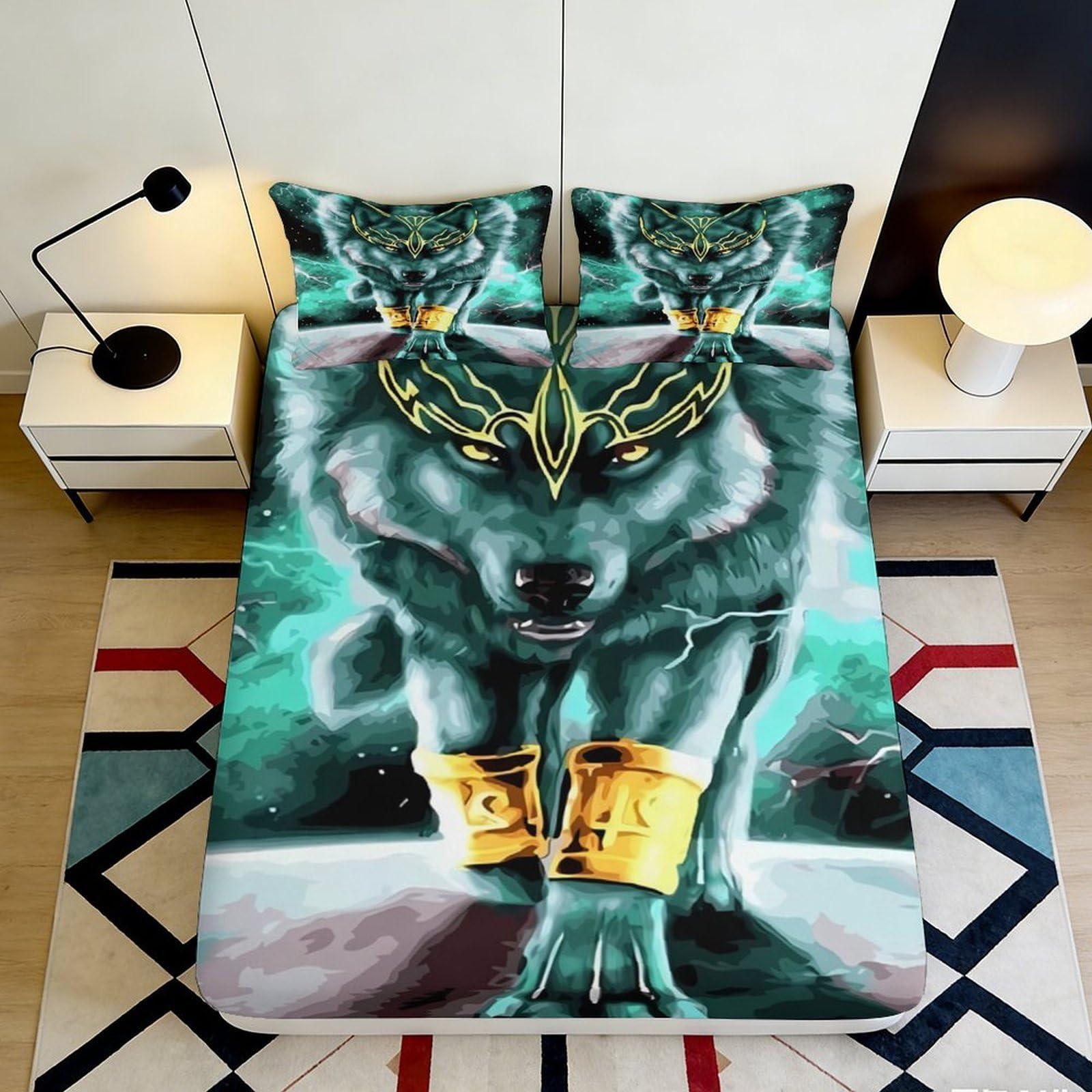 3D Printed Mystic Wolf Fitted Sheet Microfiber Soft Breathable Electric Blue Bed Cover for Bedroom Dormitory Guest Room Mattress Protection Decor 160x200x25cm