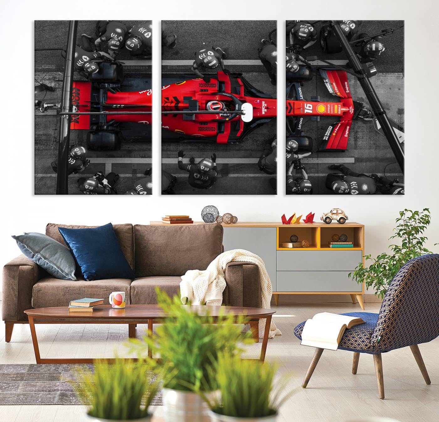 Sami Eymur Ferrari Formula 1 Pit Stop Wall Art Canvas Print | 3 Panel Large Racing Car Wall Decor for Living Room, Office, Man Cave, Dorm, Ready to Hang | 3 Panels (ONLY)/Total 72x36